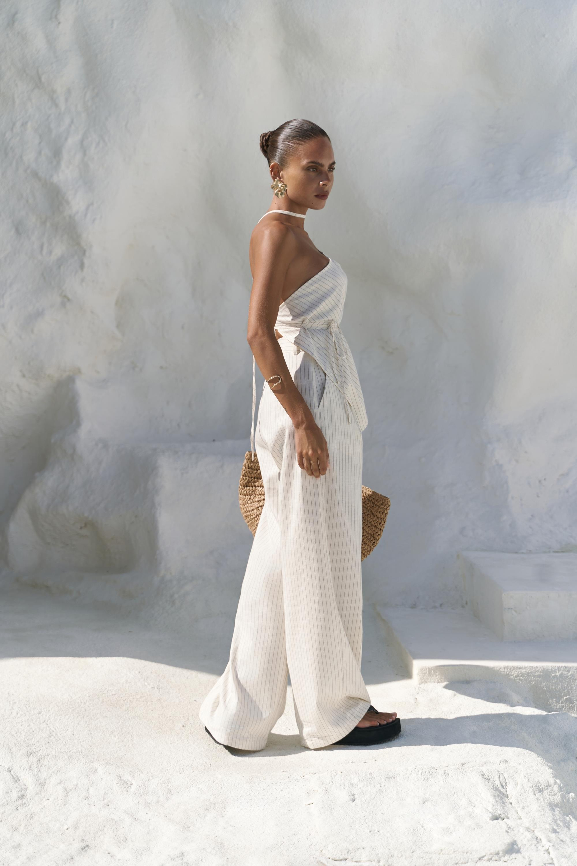 Behin Çizgili Bağlamalı Bej Crop Pantolon Takım