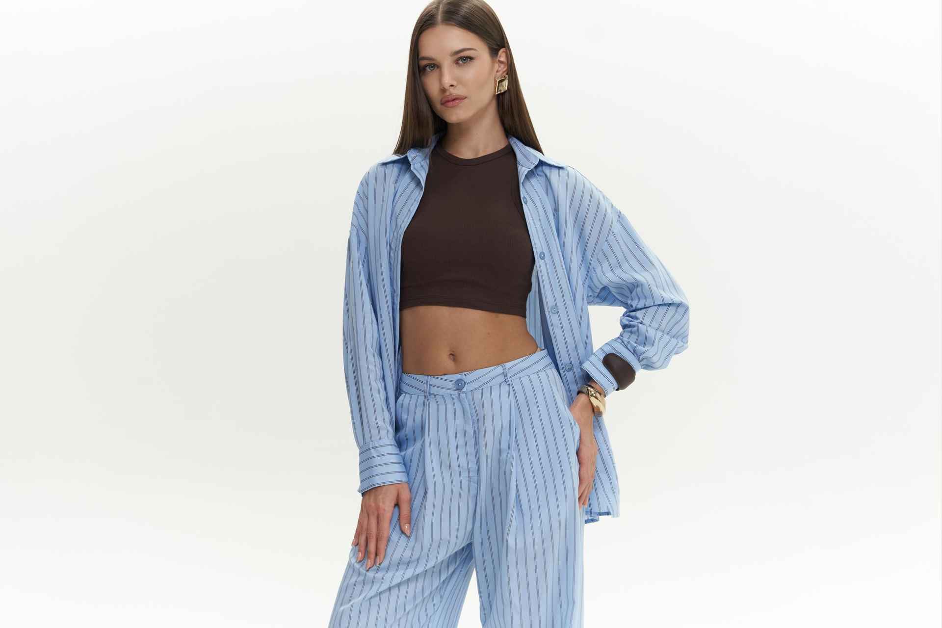 Berlin Çizgili Mavi Gömlek Pantolon Takım