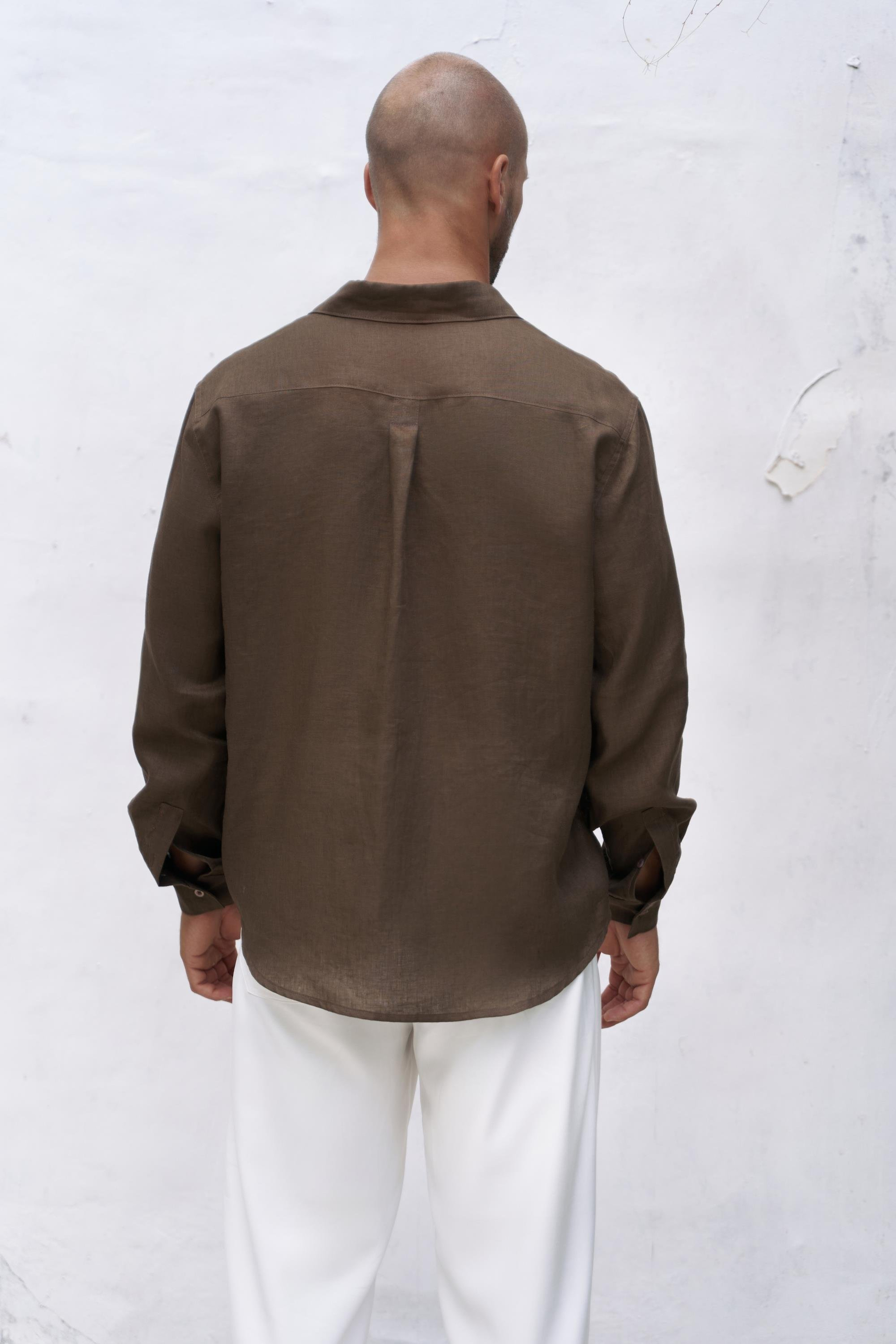 Bice Kahve Keten Oversize Erkek Gömlek