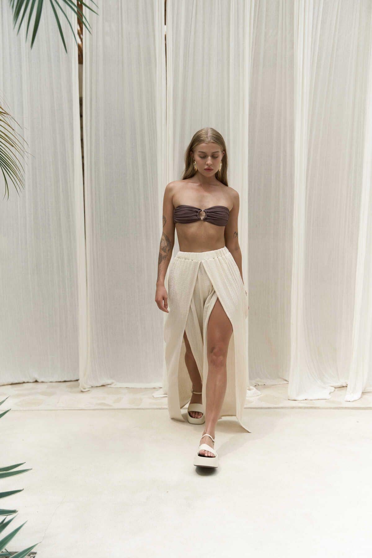 Bima Beige Trousers with Slit Detail 