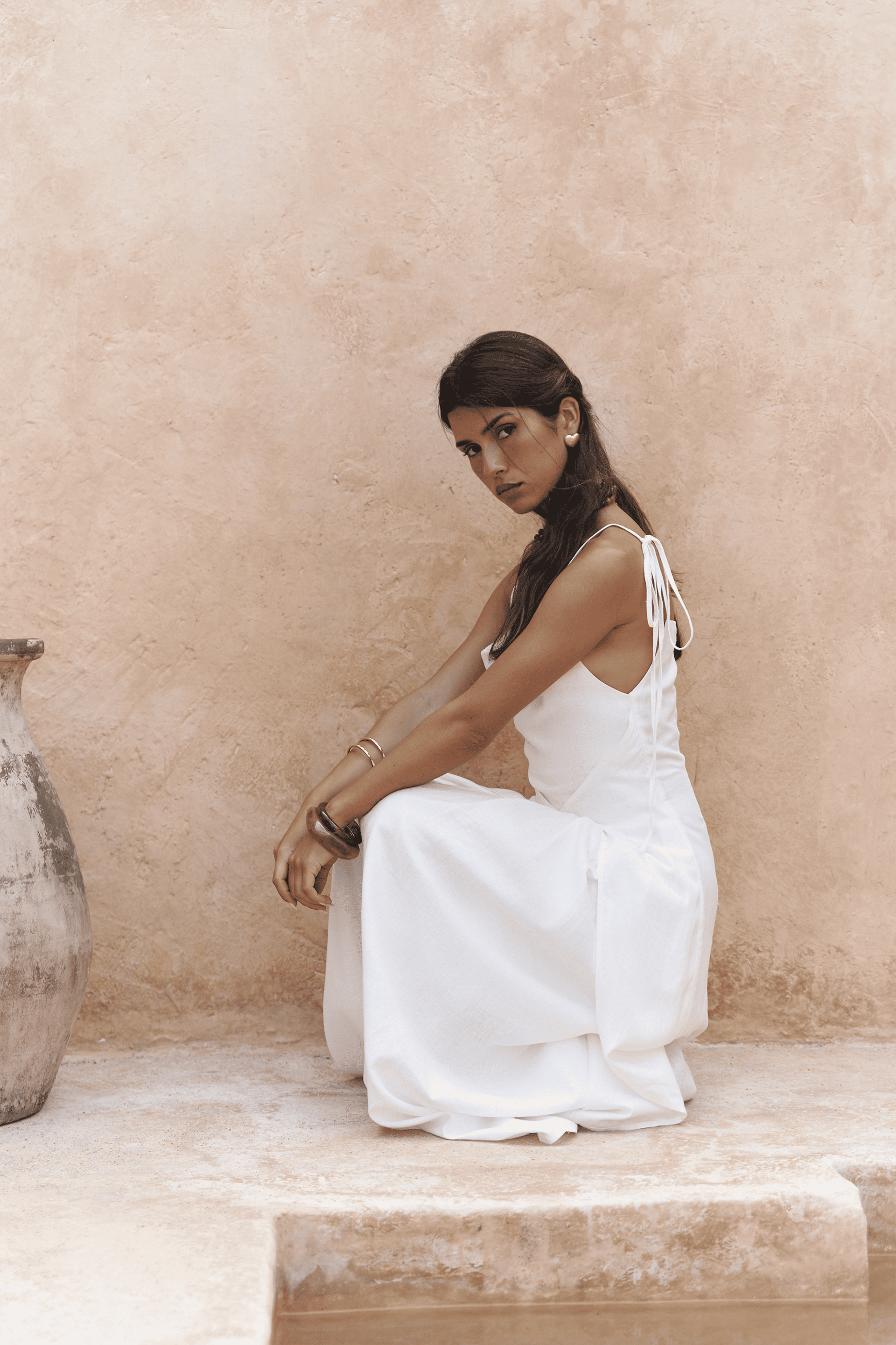 Blantyre Askılı Uzun Ekru Keten Elbise