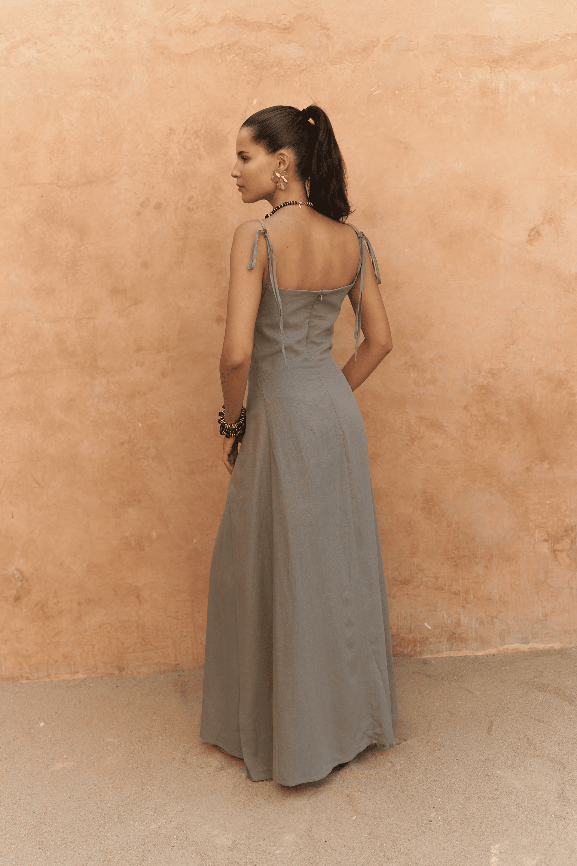 Blantyre Askılı Uzun Haki Keten Elbise