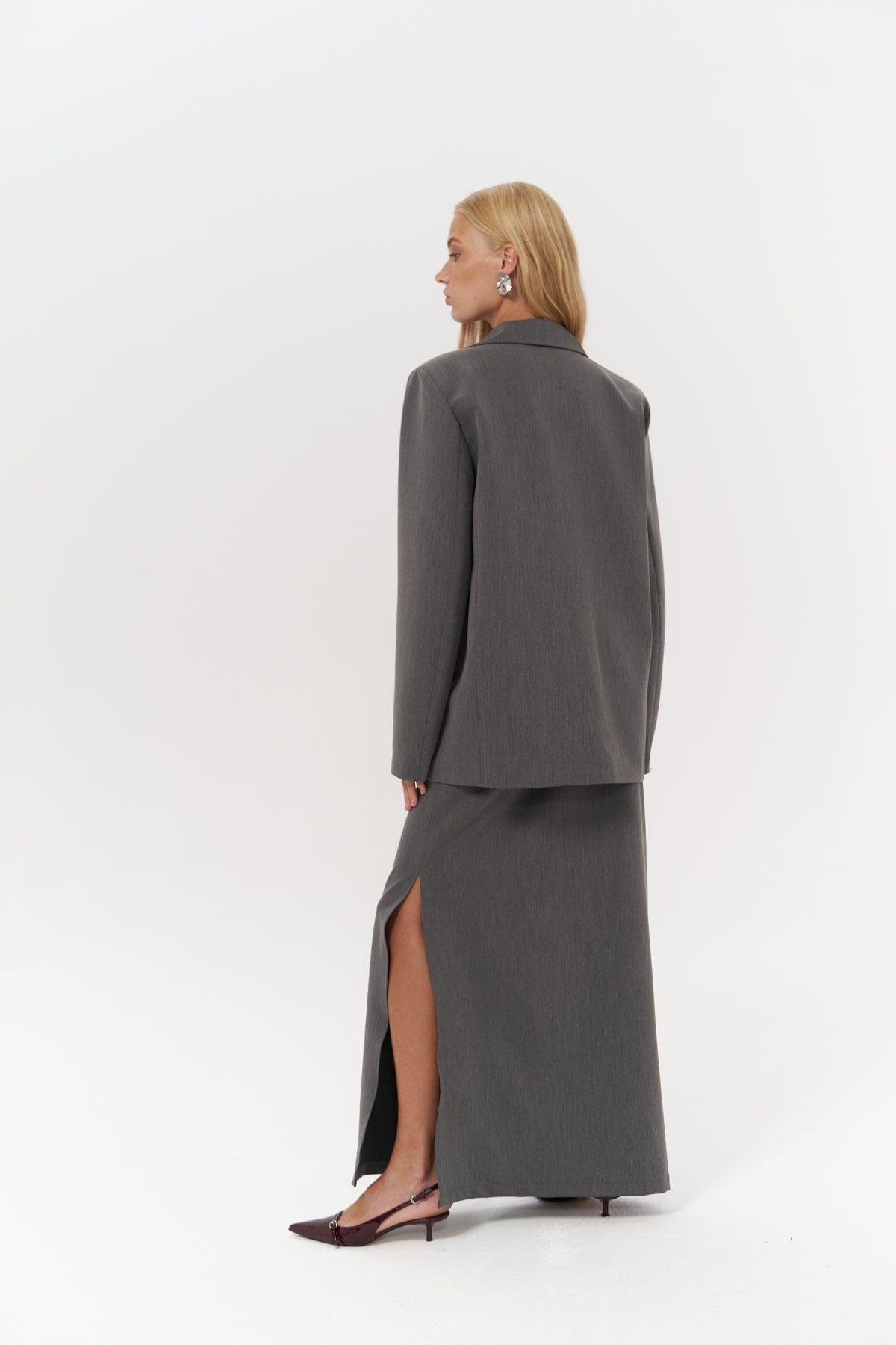 Bowie Grey Skirt and Jacket Set with Gathered Detailing