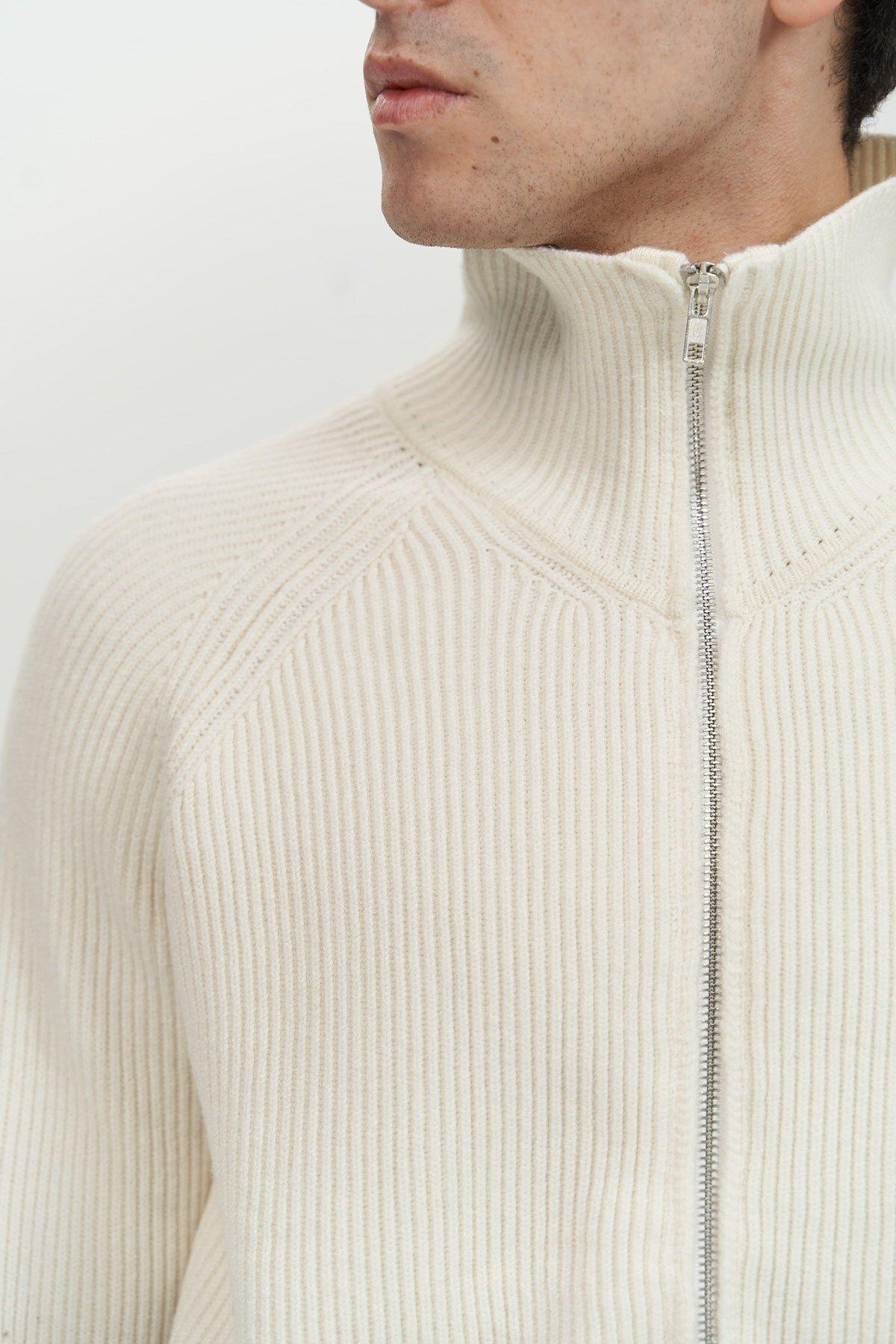 Brock Tam Fermuarlı Ekru Erkek Triko Kazak