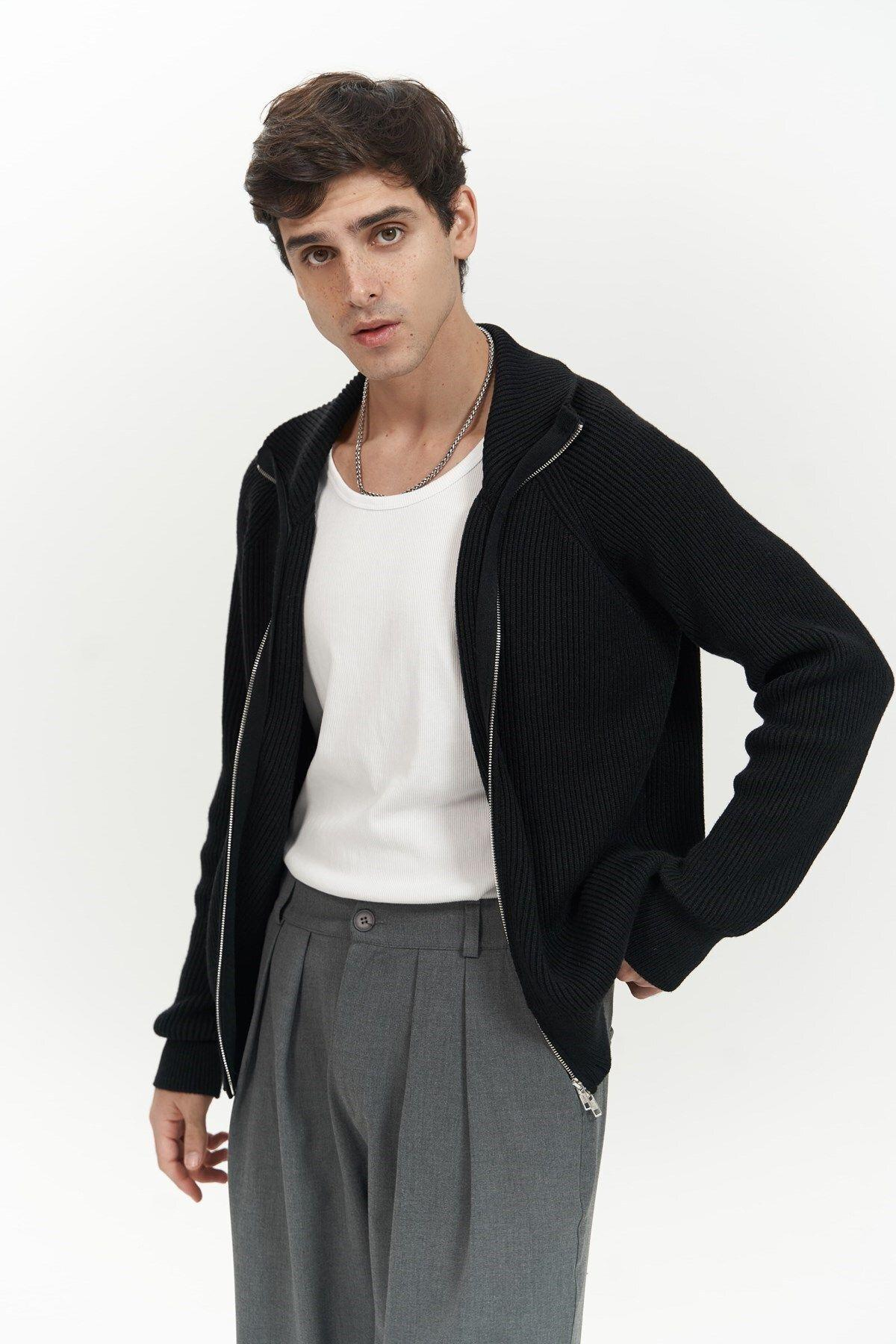 Brock Men's Black Zip-Up Knit Cardigan