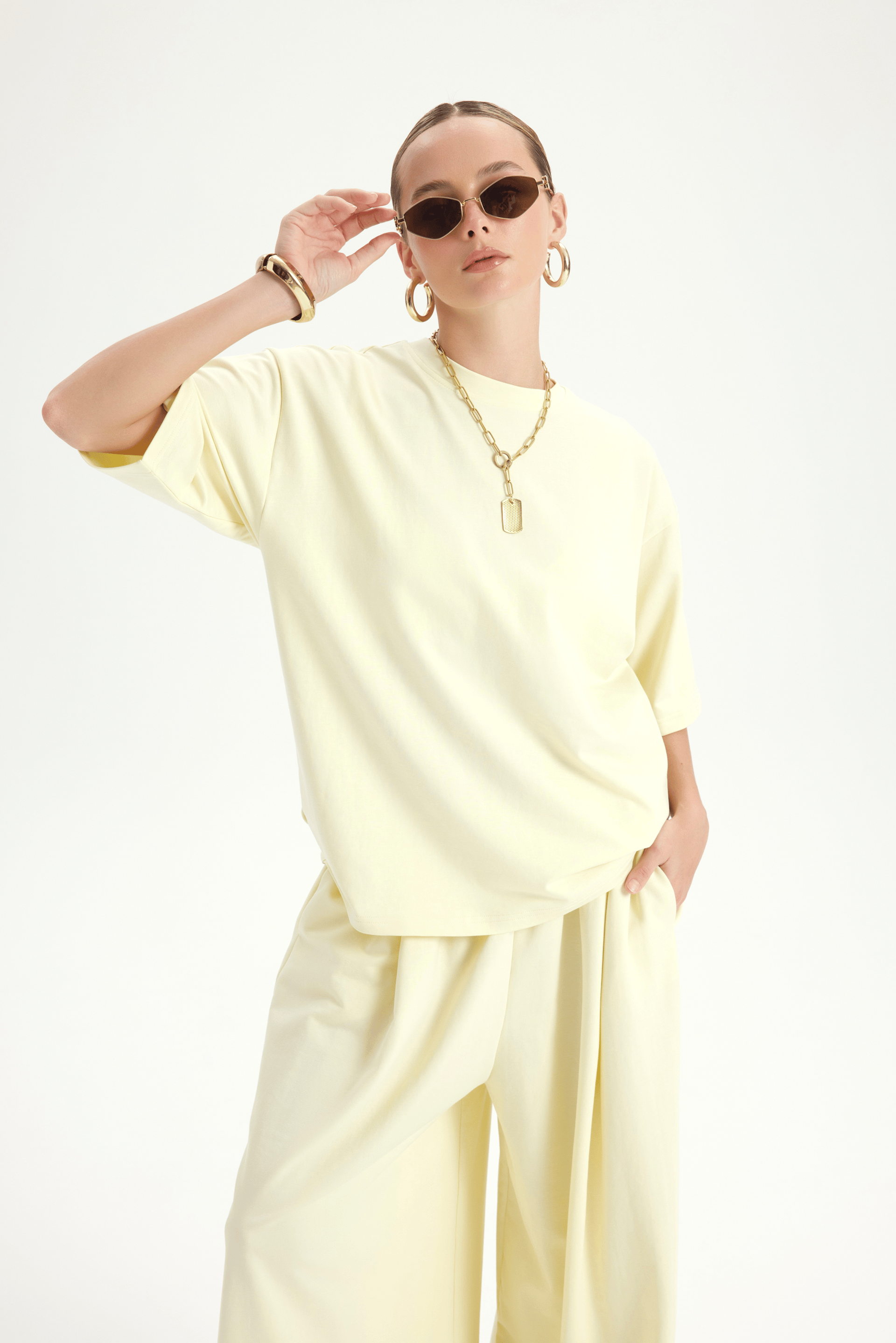 Bruges Oversize Açık Sarı T-Shirt Eşofman Takım