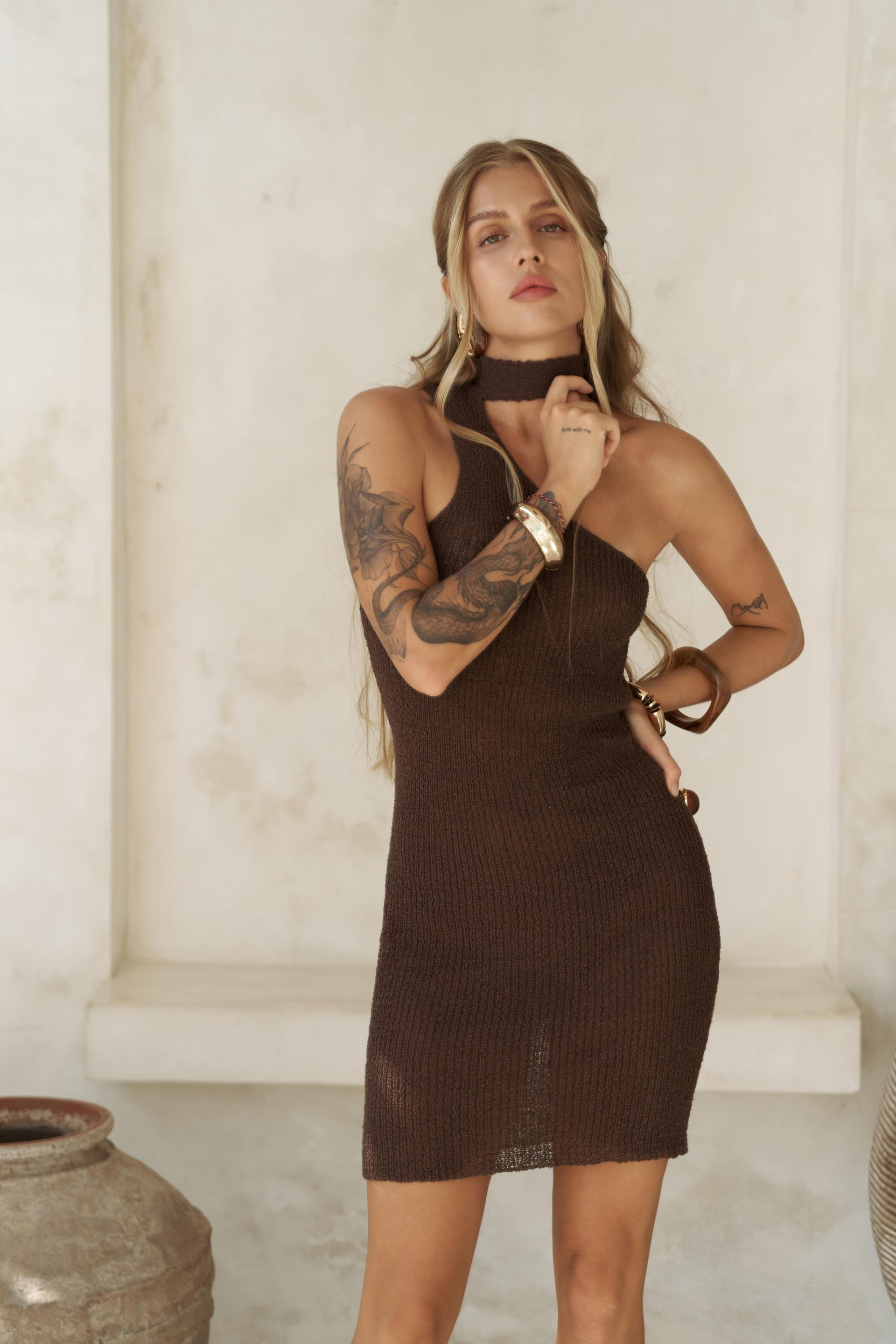 Budah Asimetrik Triko Kahve Mini Elbise