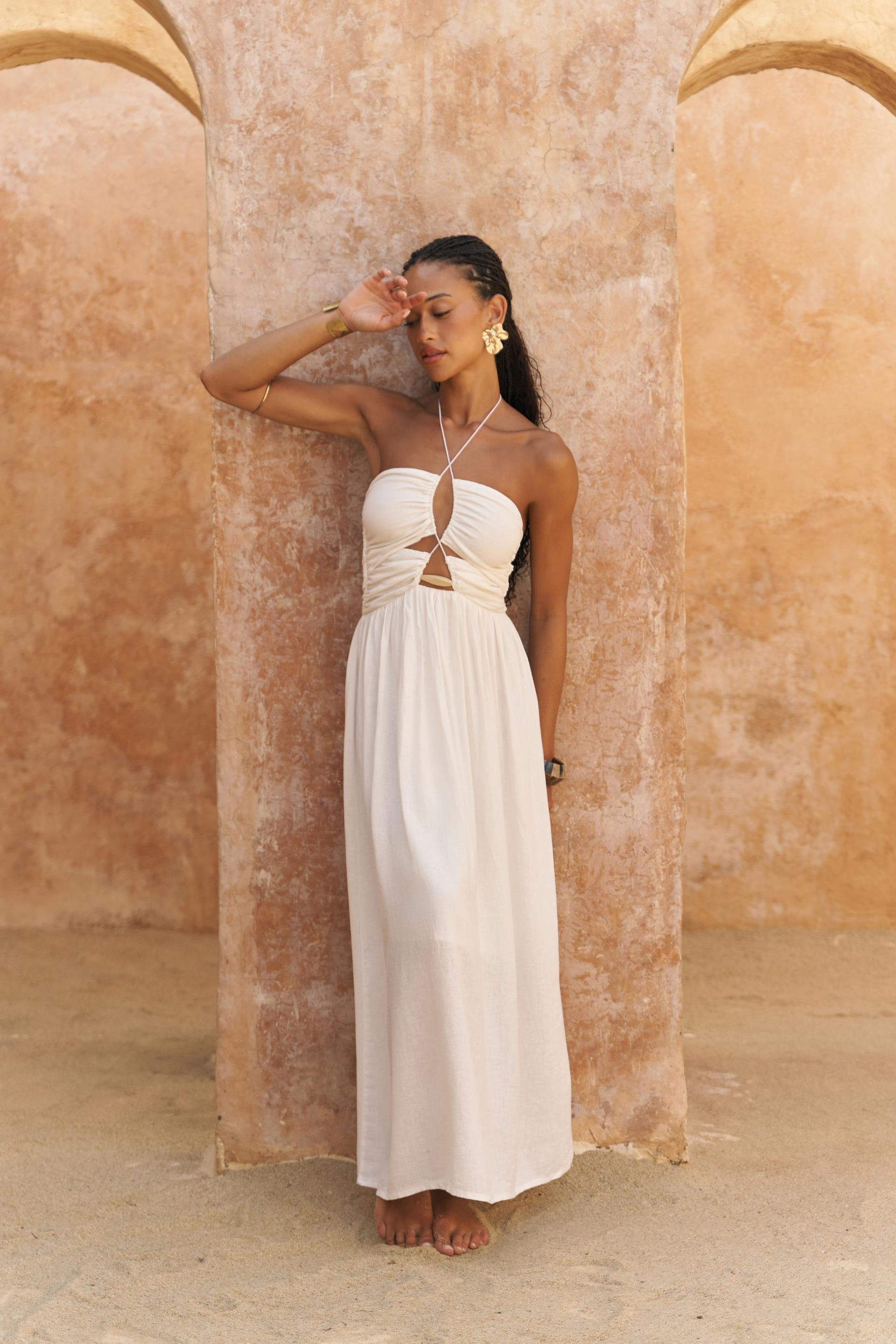 Burnika Boncuk Detay Ekru Keten Elbise