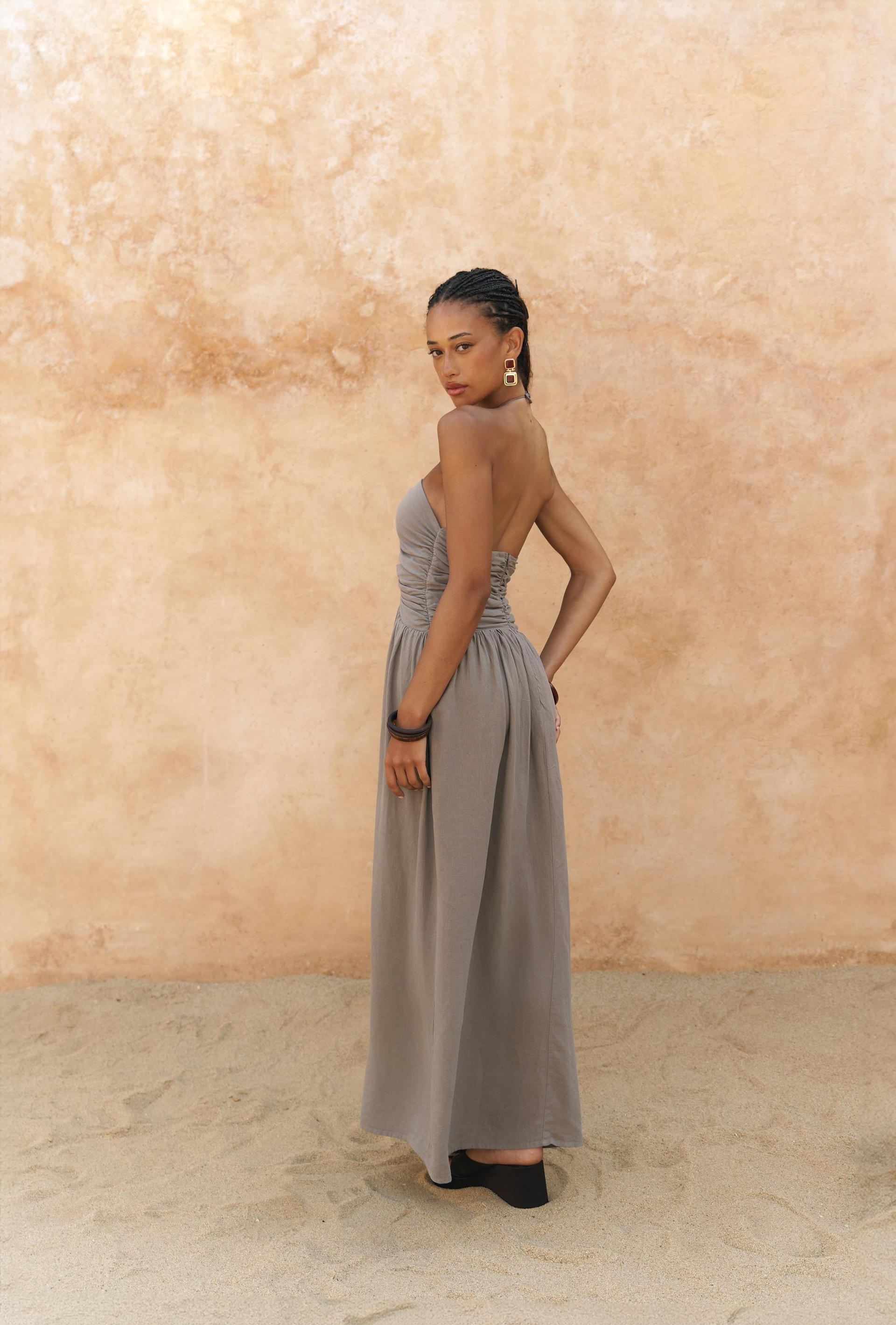 Burnika Boncuk Detay Füme Keten Elbise