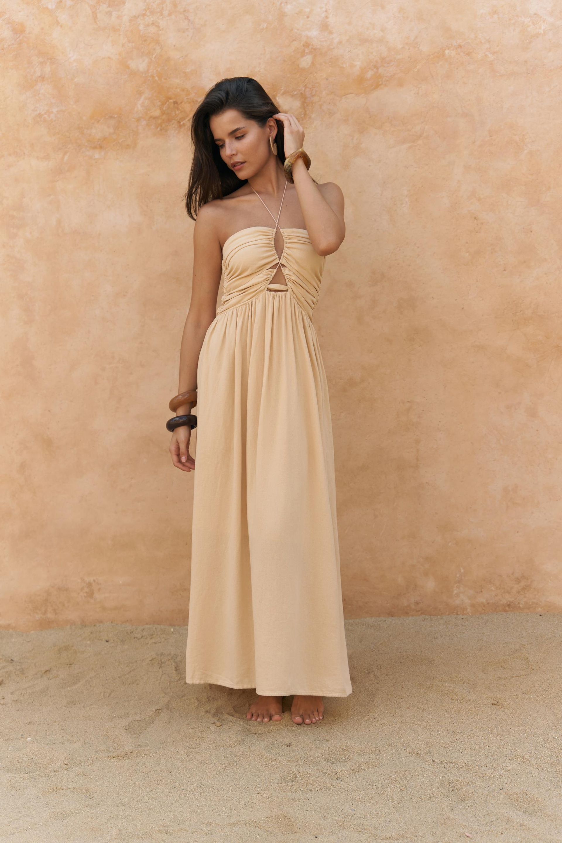 Burnika Boncuk Detay Sarı Keten Elbise