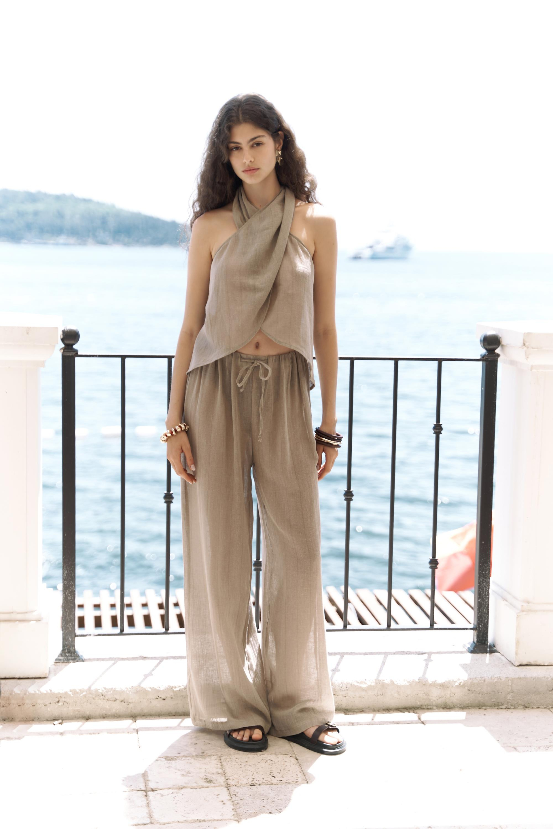 Cadhas Boyundan Bağlamalı Haki Crop Pantolon Takım