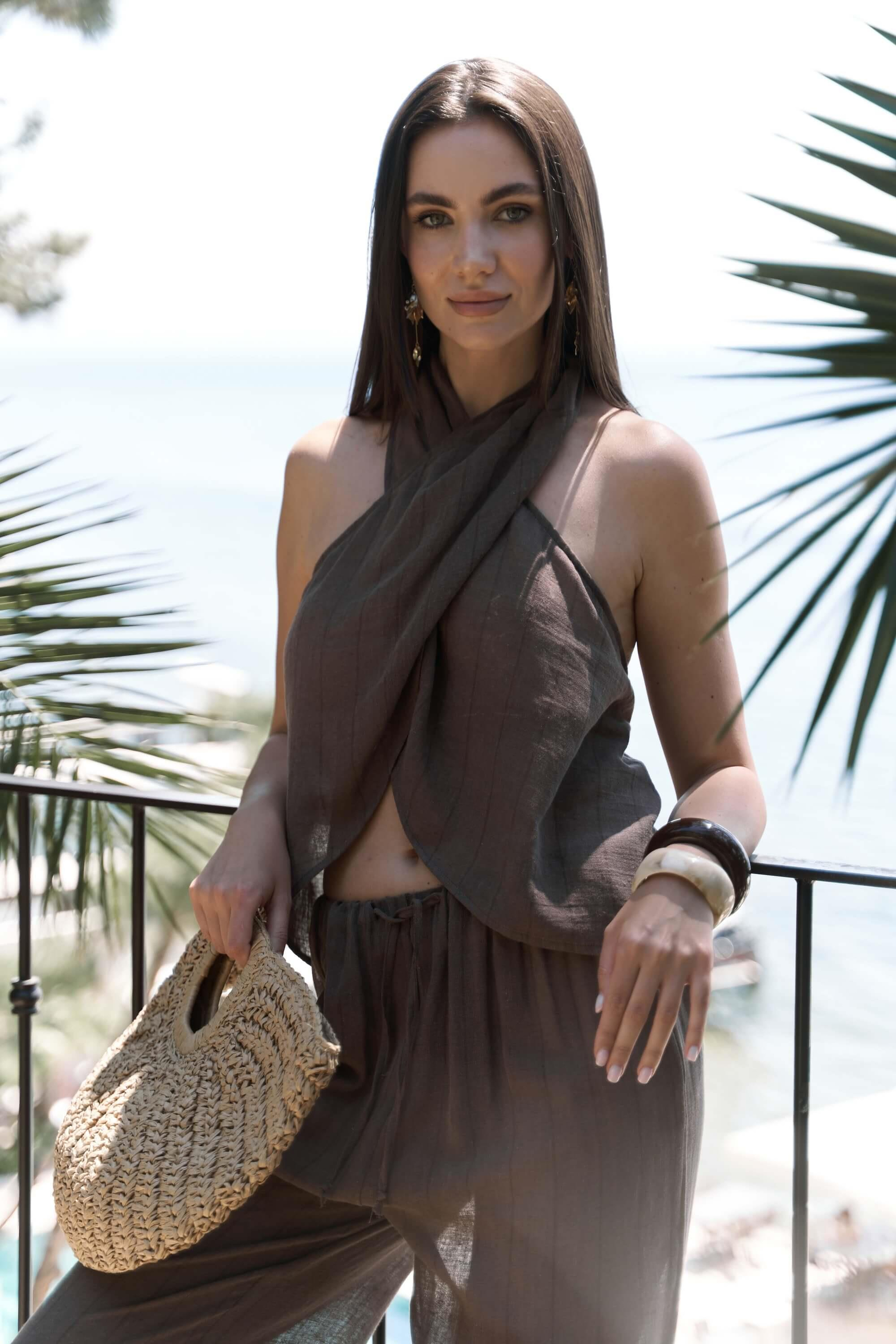 Cadhas Boyundan Bağlamalı Kahve Crop Pantolon Takım