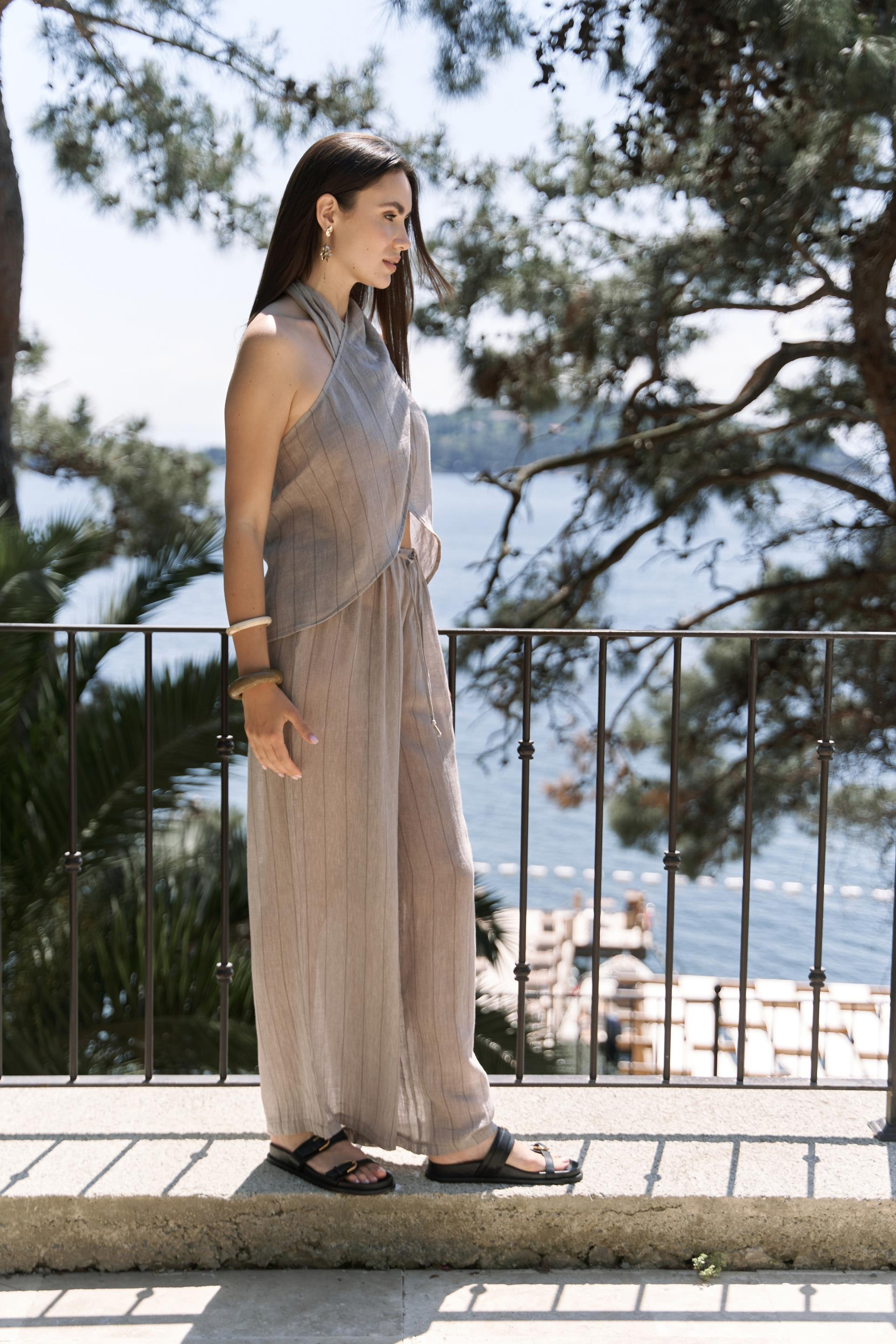 Cadhas Boyundan Bağlamalı Vizon Crop Pantolon Takım