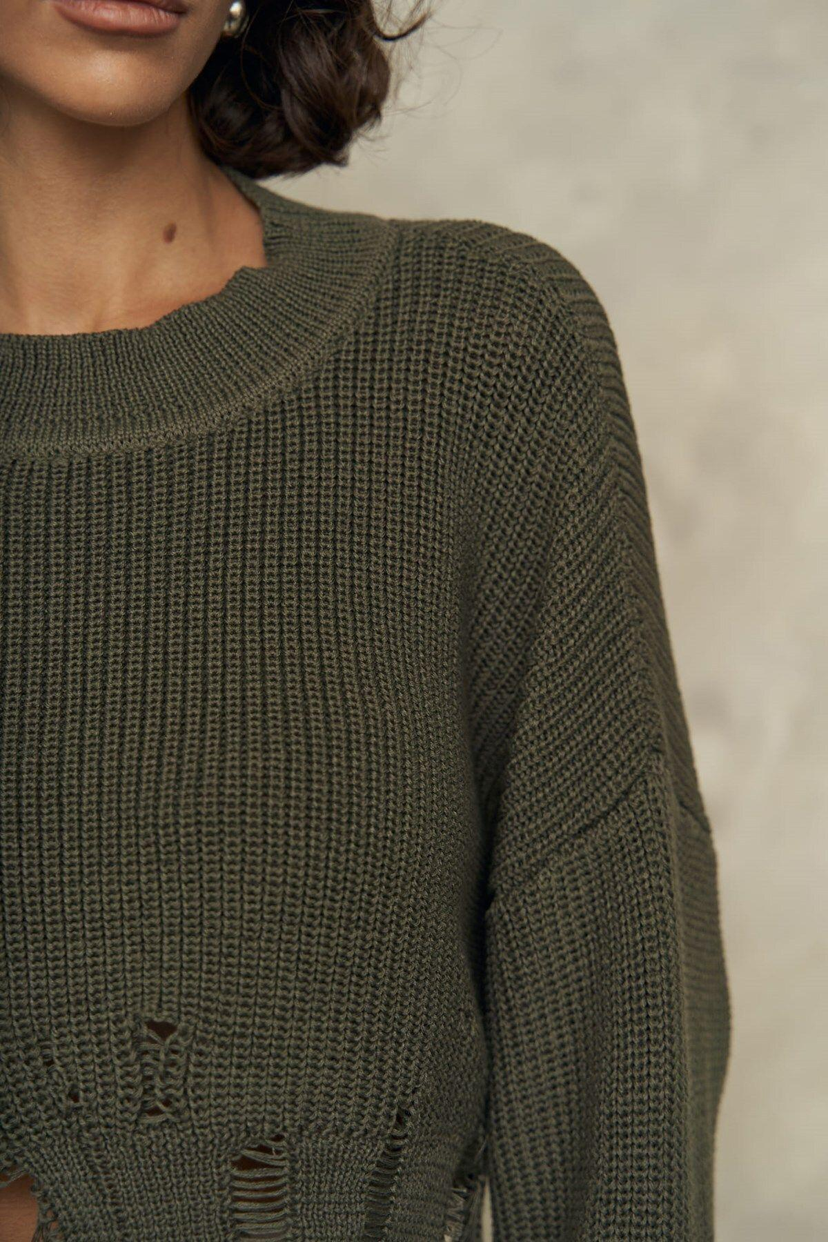 Cala Dark Khaki Knit Crop Sweater with Slit Detail