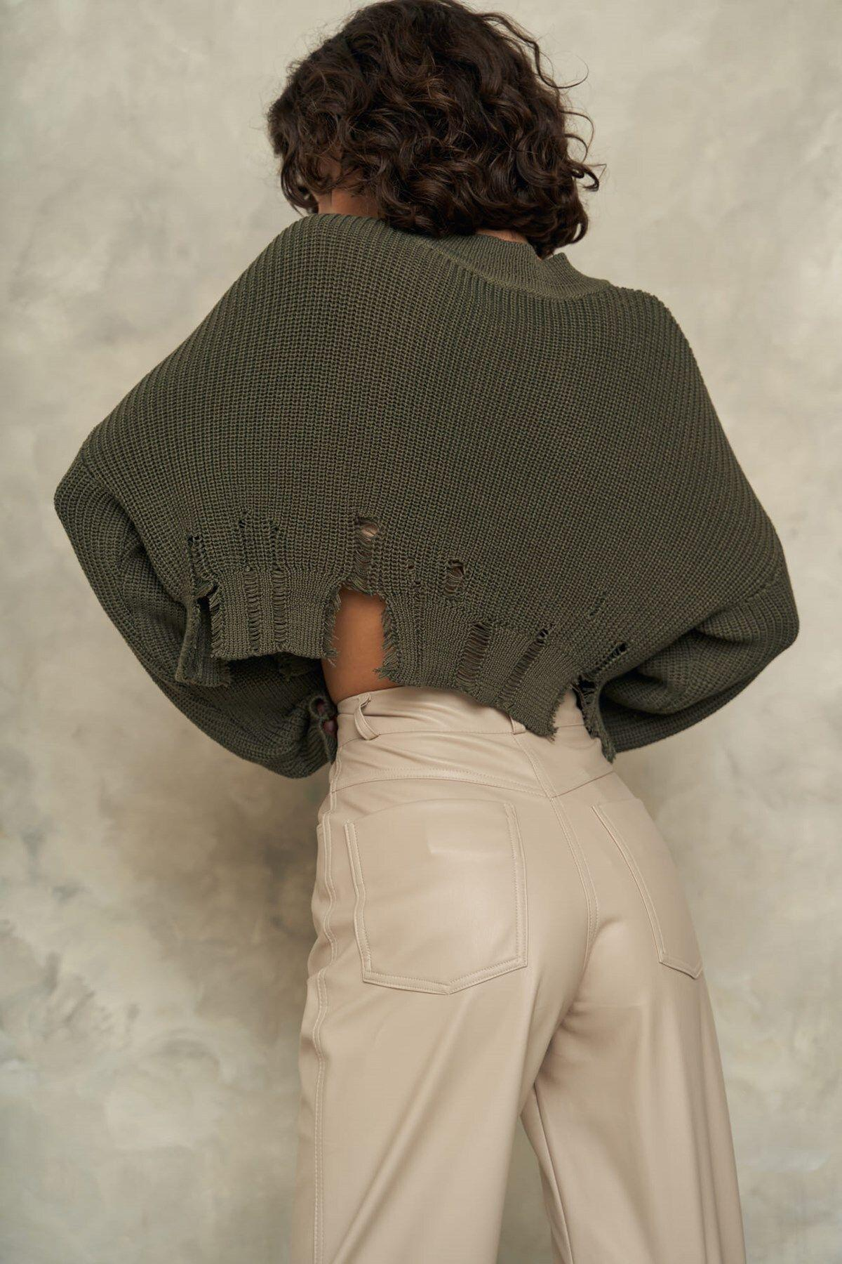 Cala Dark Khaki Knit Crop Sweater with Slit Detail