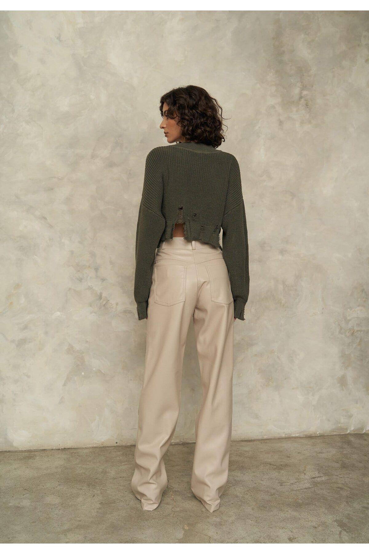 Cala Dark Khaki Knit Crop Sweater with Slit Detail