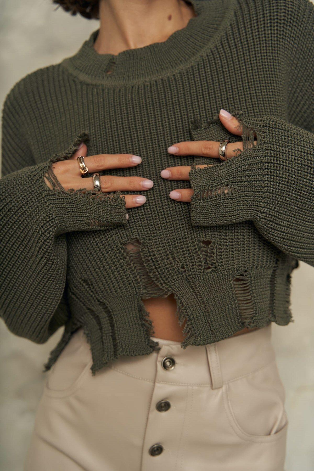 Cala Dark Khaki Knit Crop Sweater with Slit Detail