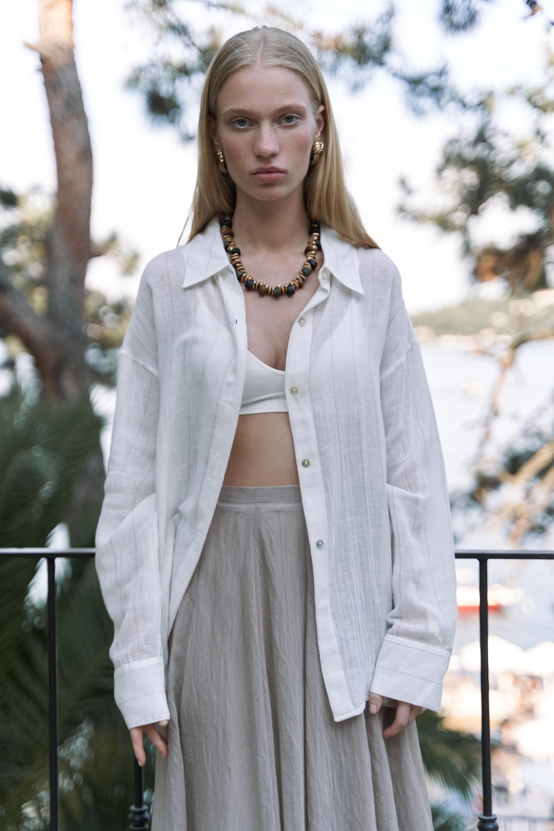 Calynn Sırt Dekolteli Çizgili Ekru Keten Gömlek