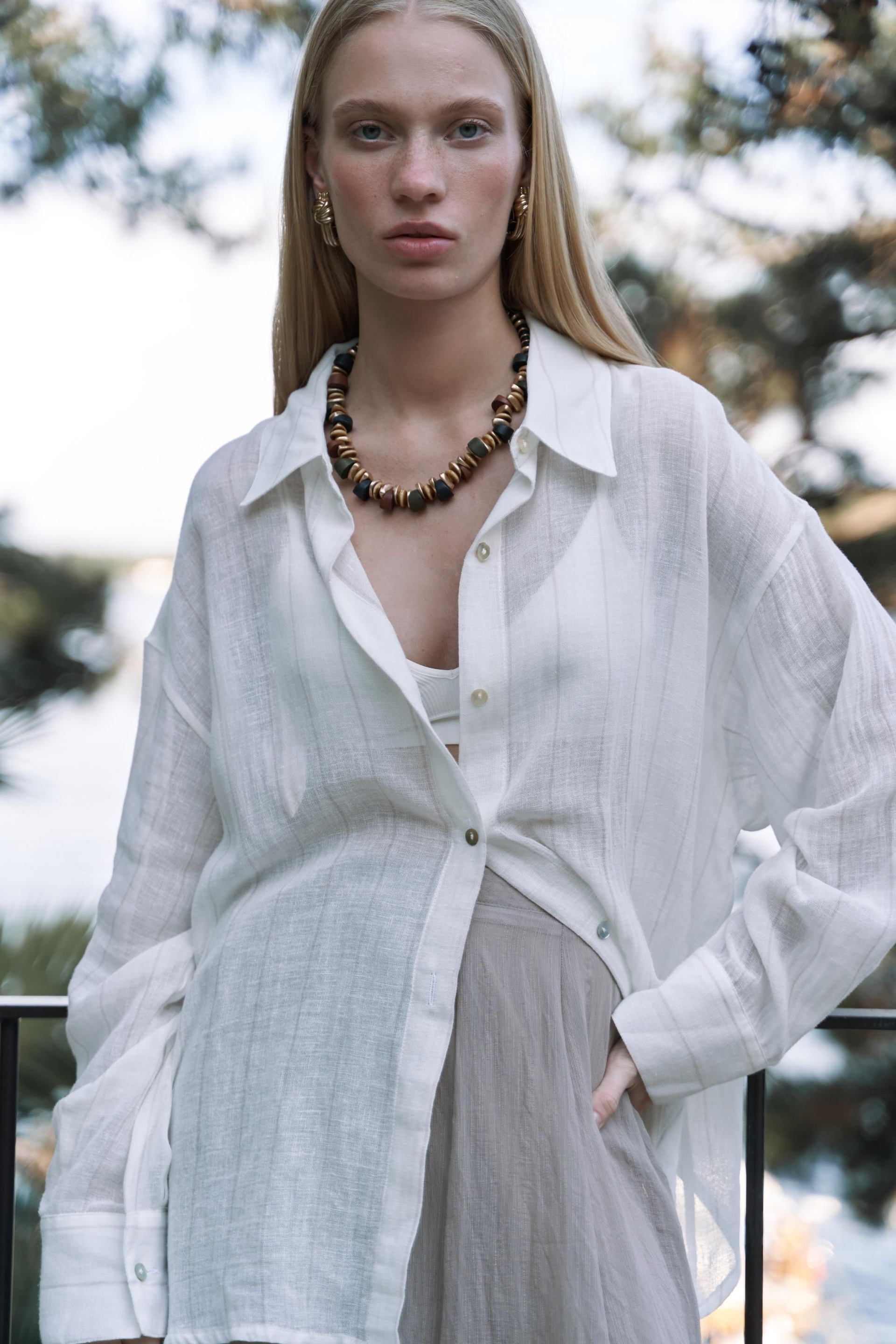 Calynn Sırt Dekolteli Çizgili Ekru Keten Gömlek