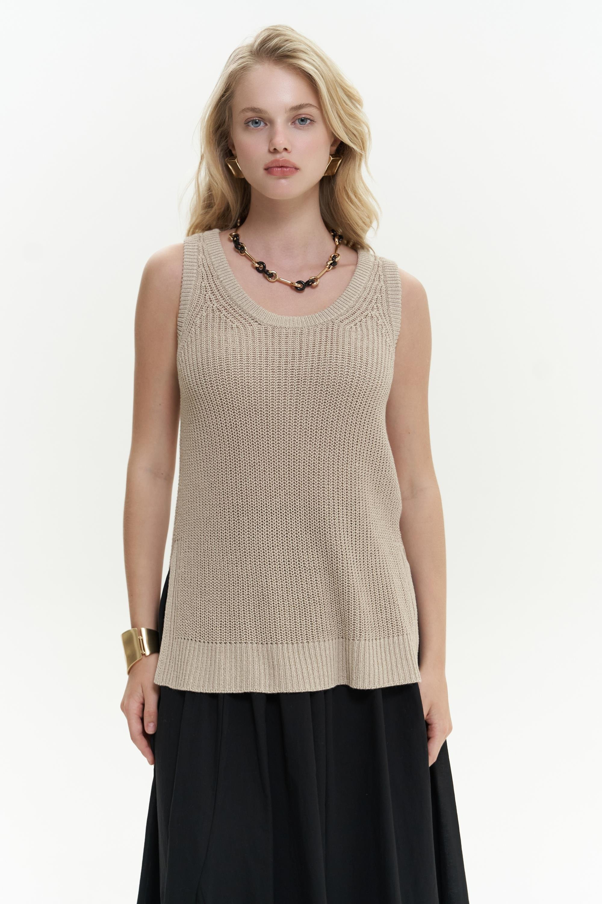 Canti Triko Yırtmaç Detay Kolsuz Bej Süveter