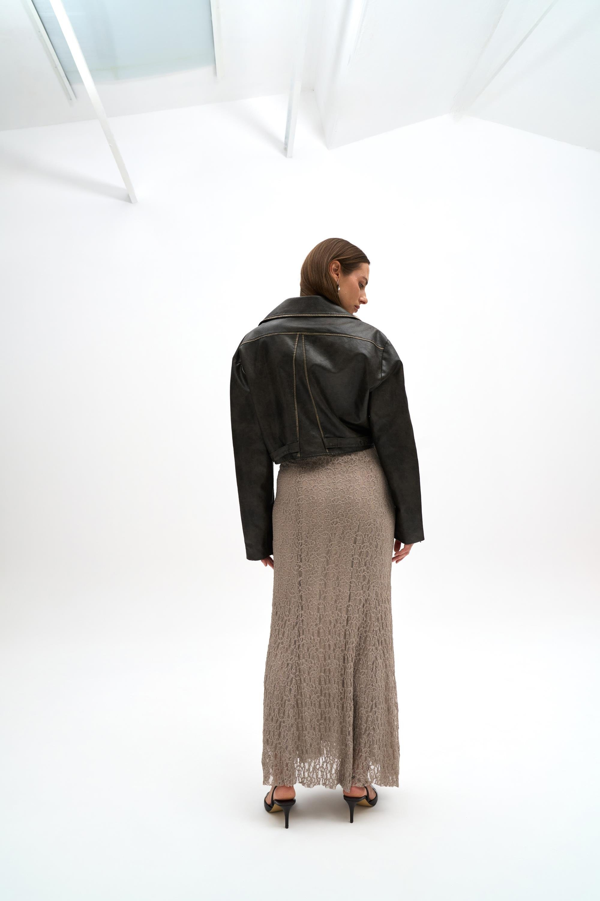 Carnas Asimetrik Antrasit Suni Deri Ceket