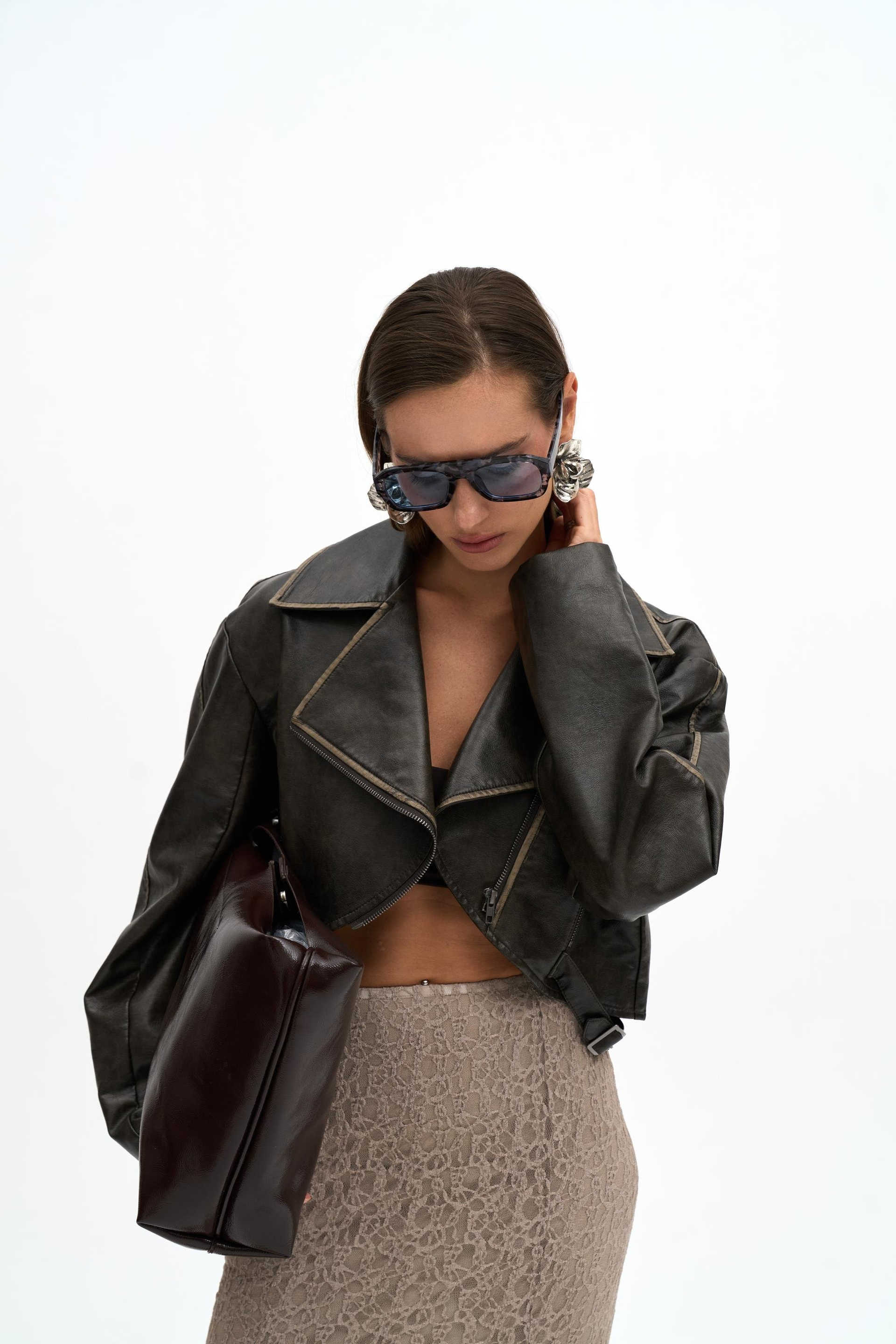 Carnas Asimetrik Antrasit Suni Deri Ceket