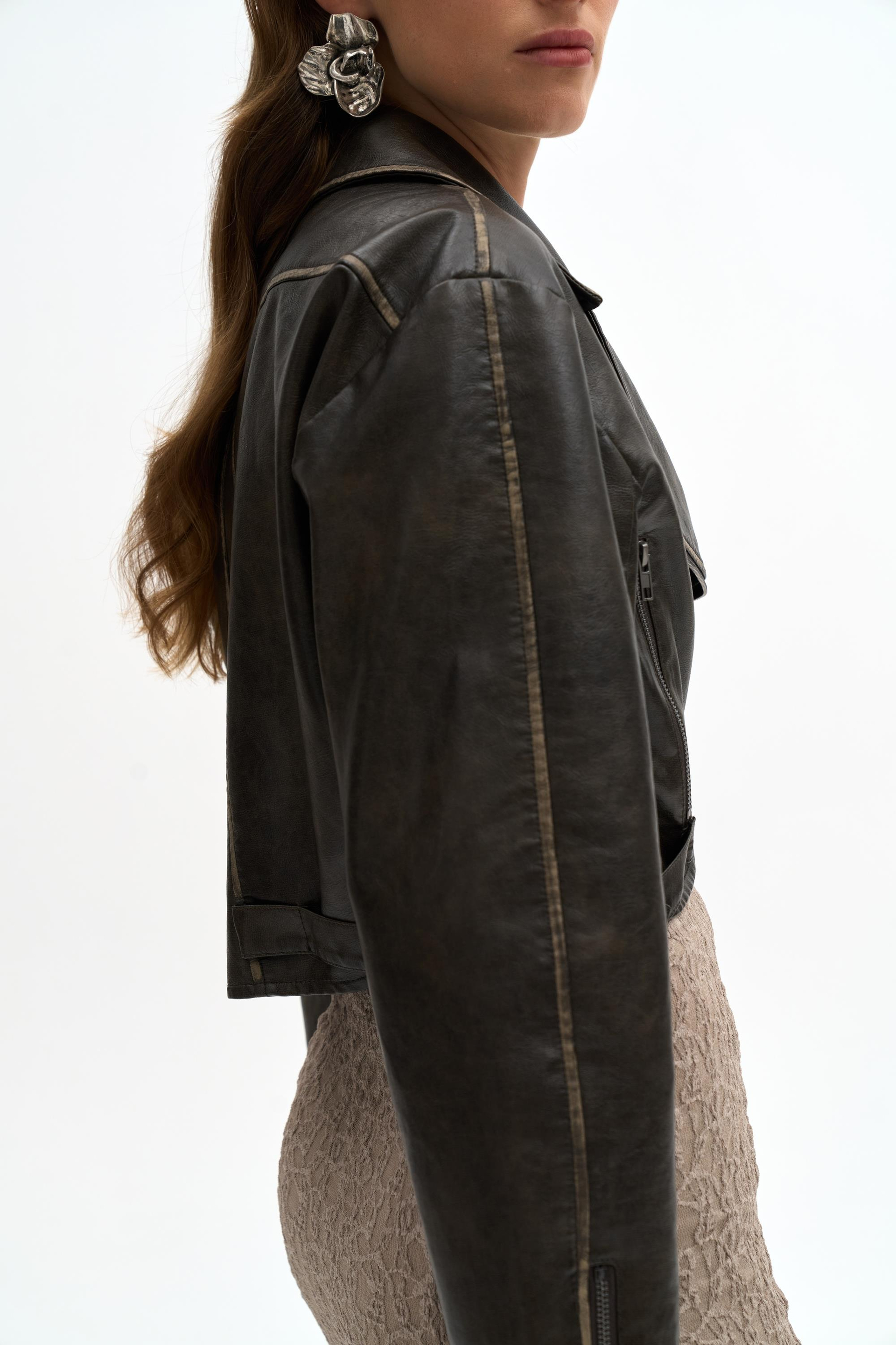 Carnas Asimetrik Antrasit Suni Deri Ceket