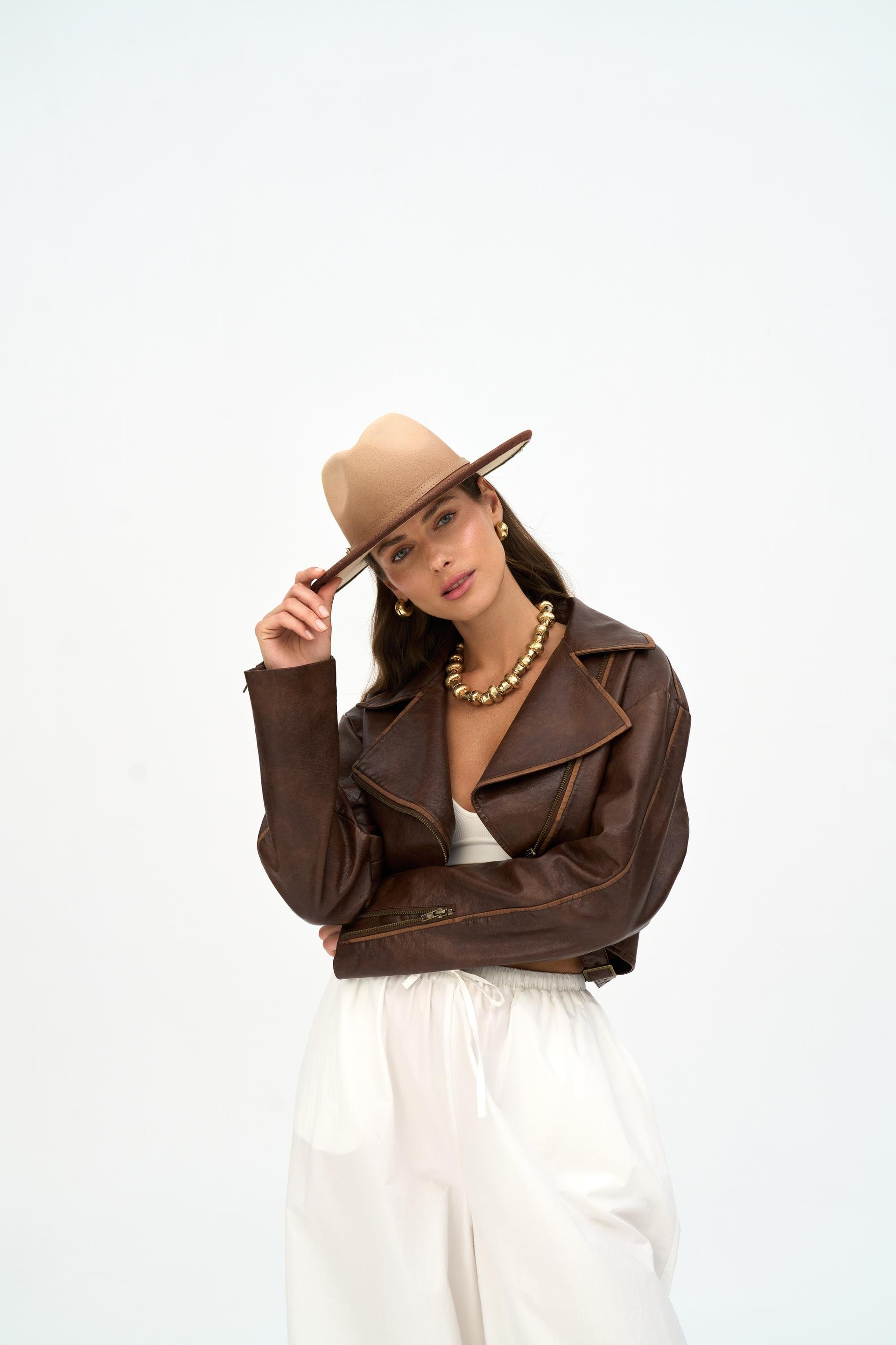 Carnas Asimetrik Kahve Suni Deri Ceket