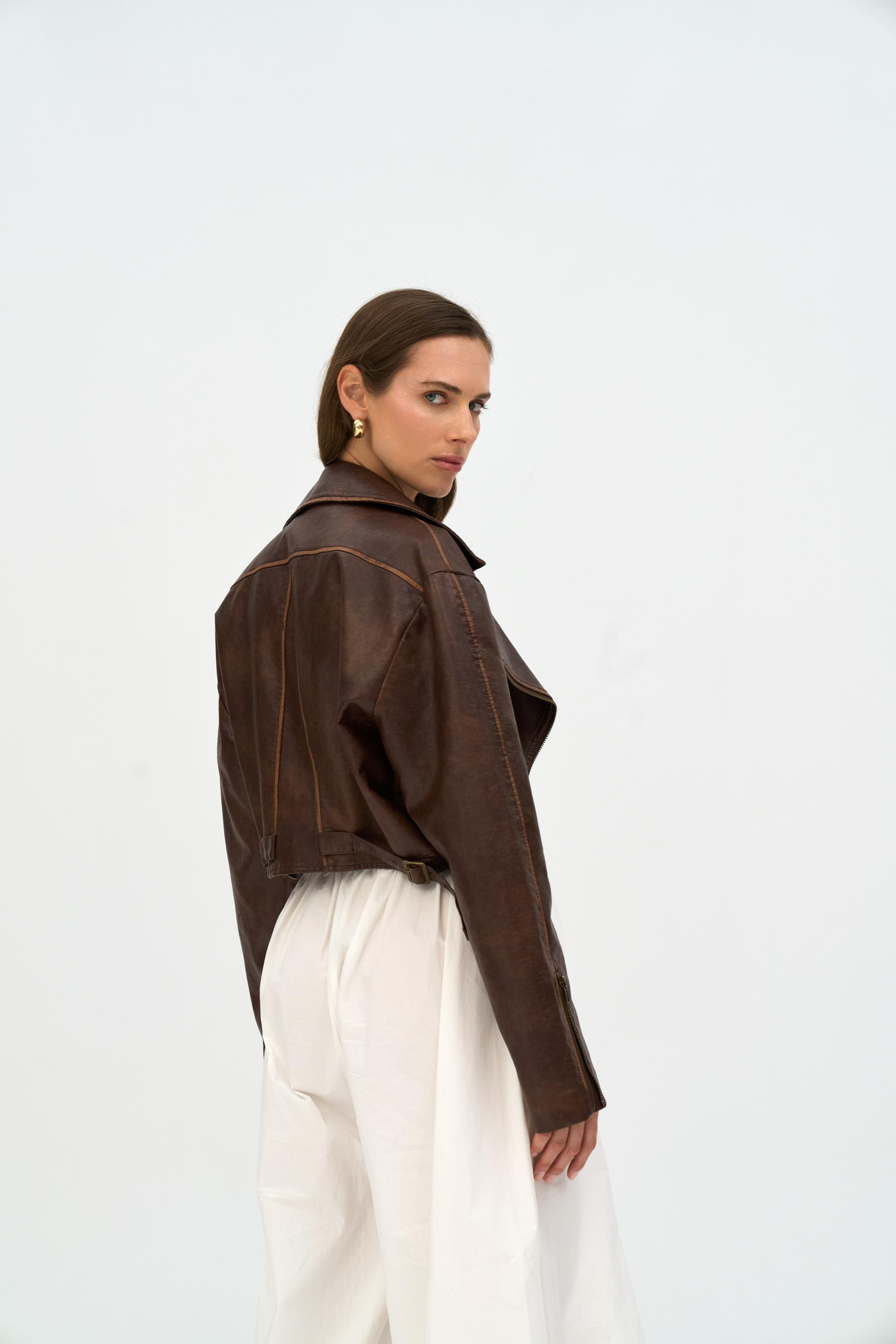 Carnas Asimetrik Kahve Suni Deri Ceket