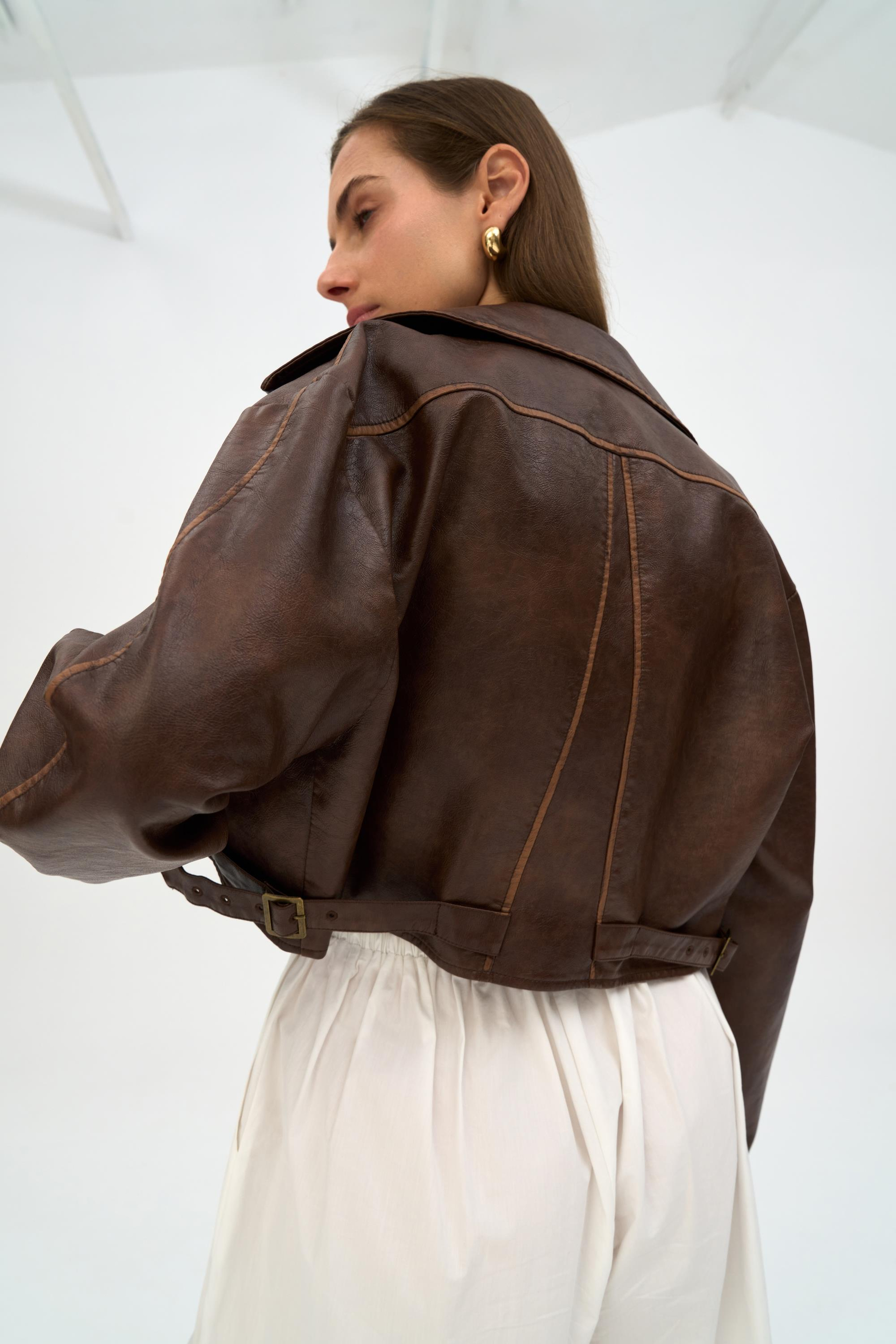 Carnas Asimetrik Kahve Suni Deri Ceket