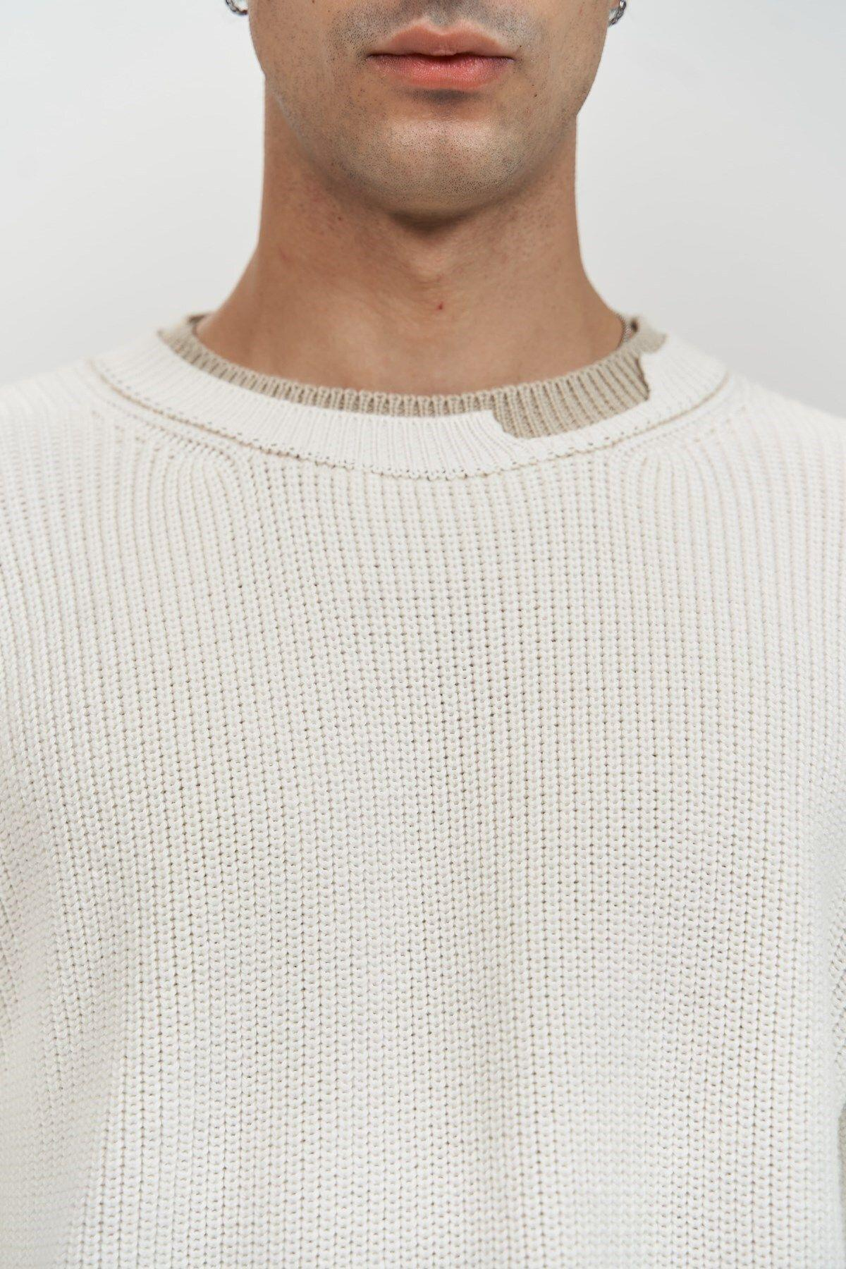 Carter Men's Ecru Knit Sweater with Double-Collar Detail