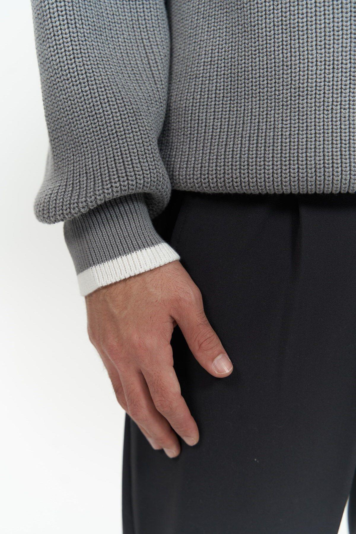 Carter Çift Yaka Detaylı Gri Erkek Triko Kazak