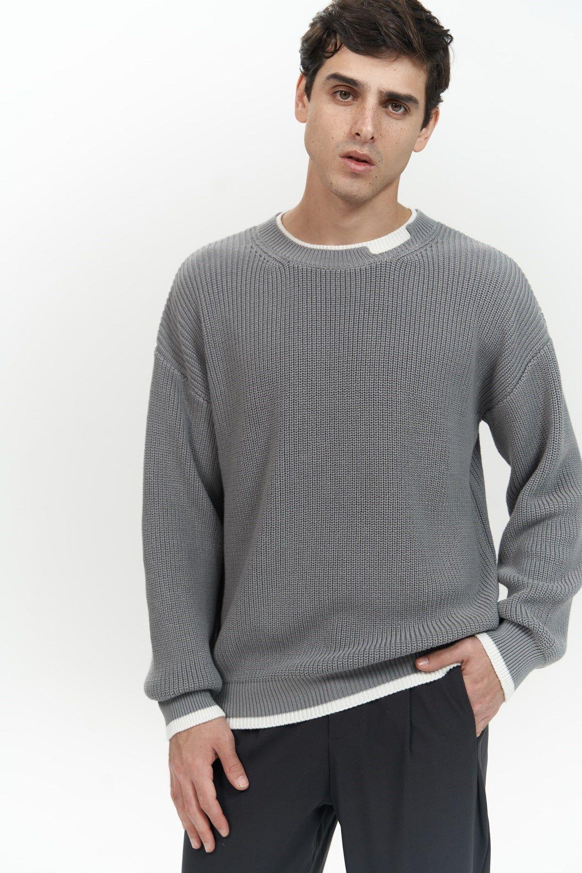Carter Çift Yaka Detaylı Gri Erkek Triko Kazak