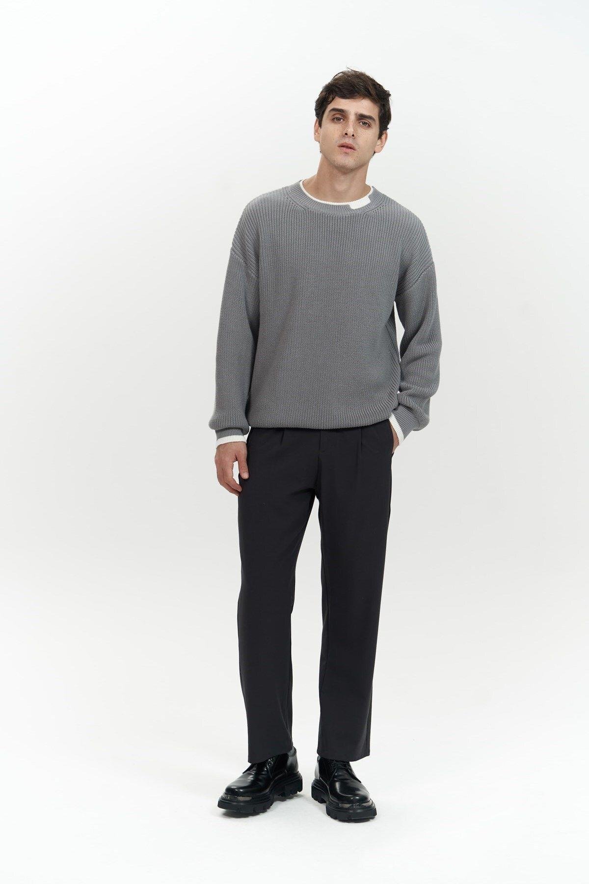 Carter Çift Yaka Detaylı Gri Erkek Triko Kazak