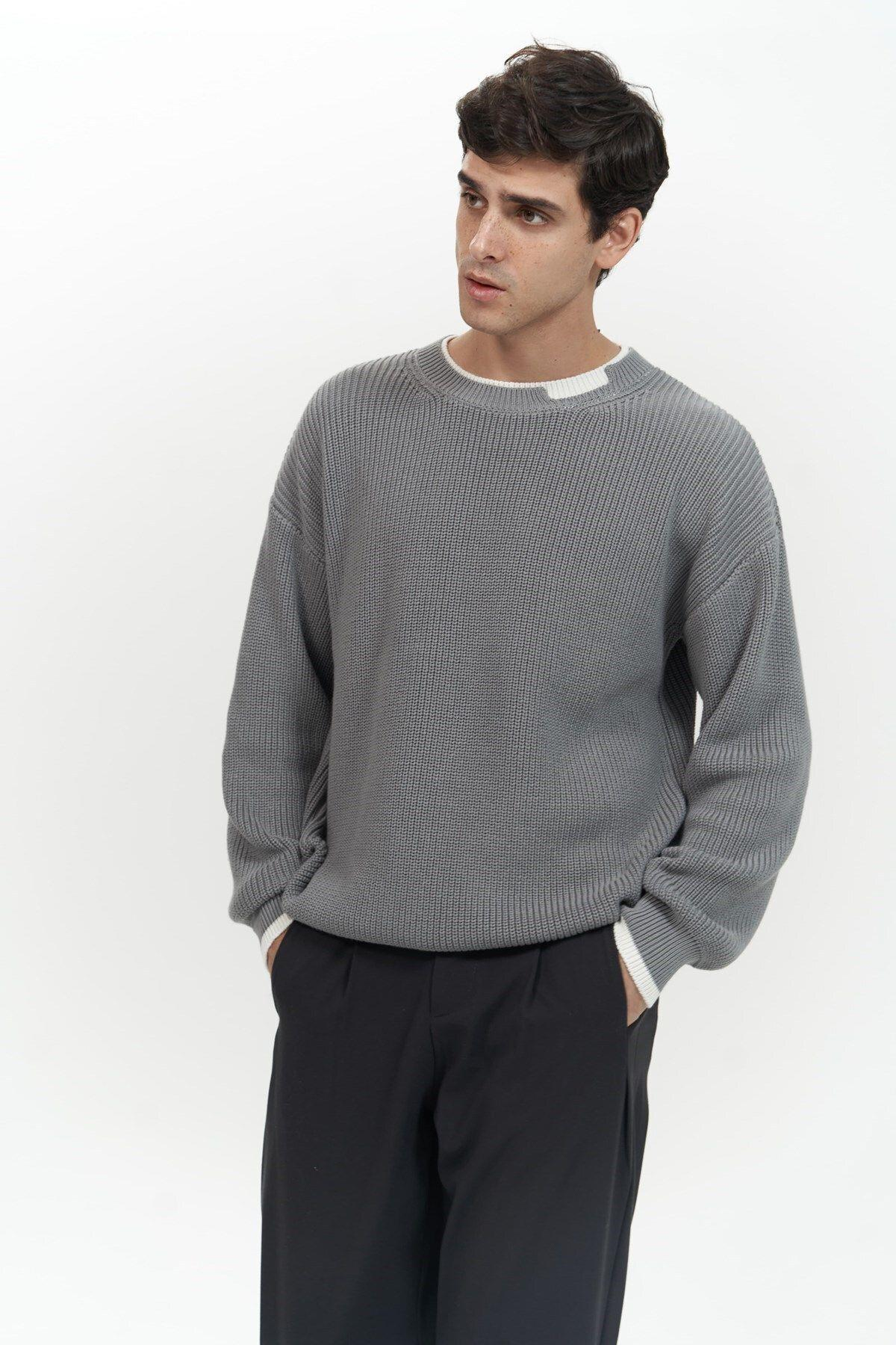 Carter Çift Yaka Detaylı Gri Erkek Triko Kazak