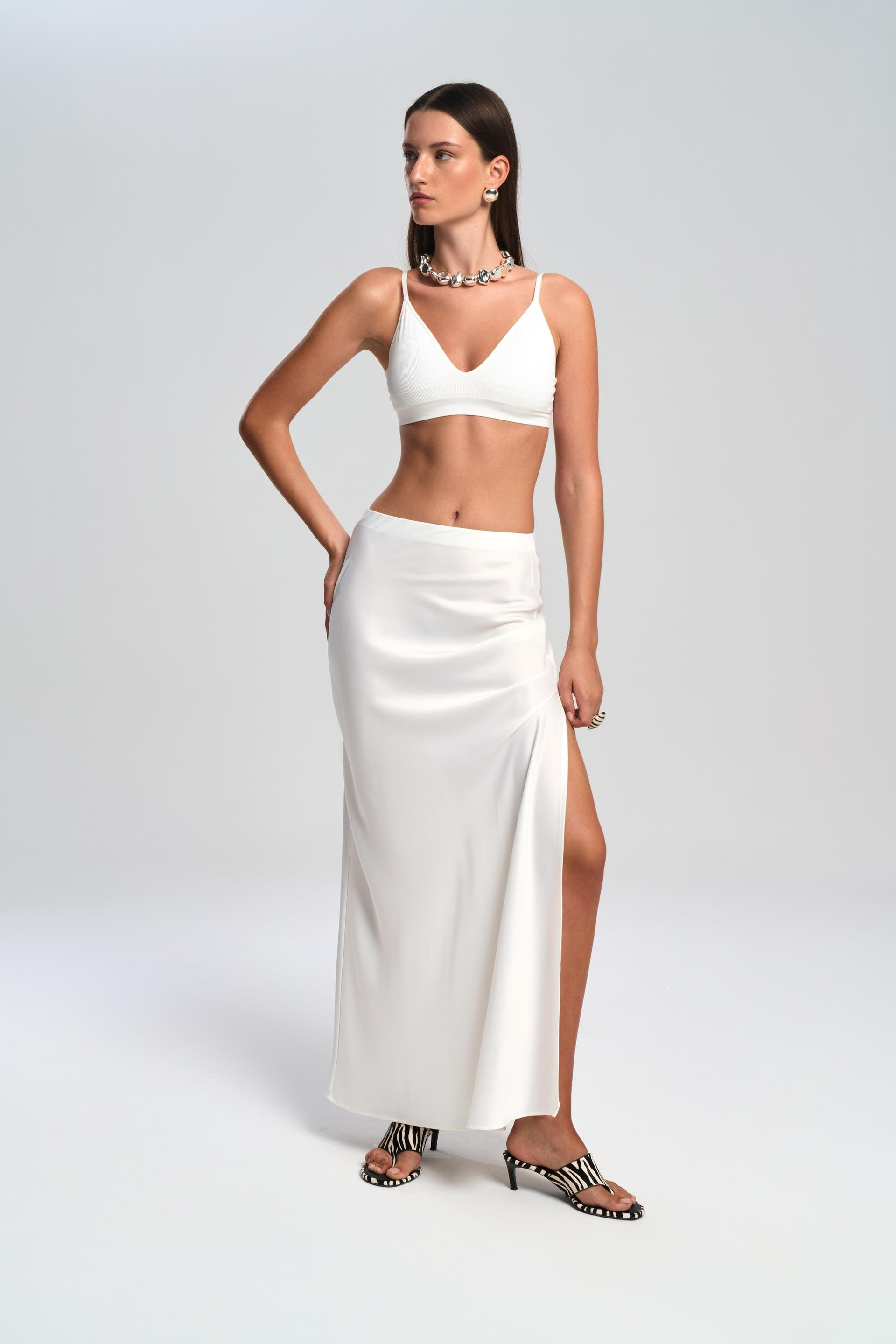 Cecil Slit Detail White Satin Skirt