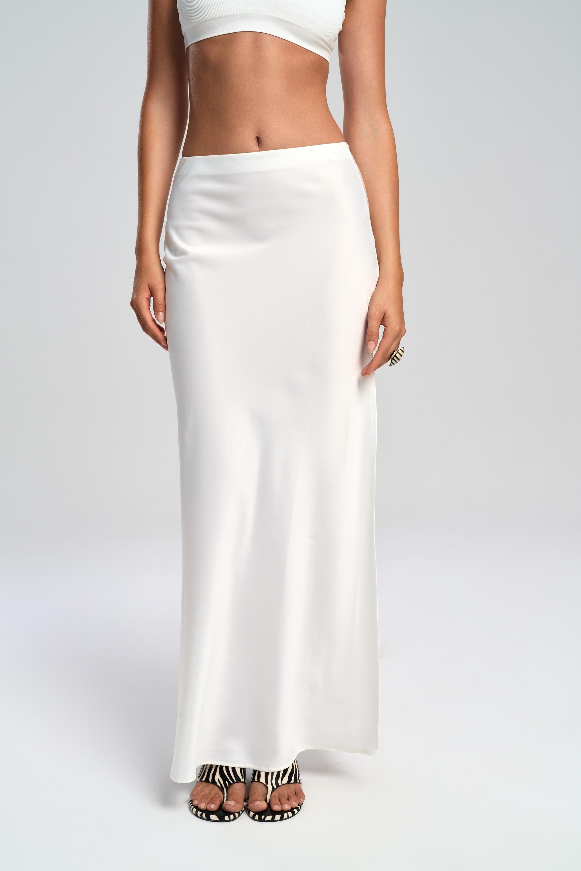 Cecil Slit Detail White Satin Skirt