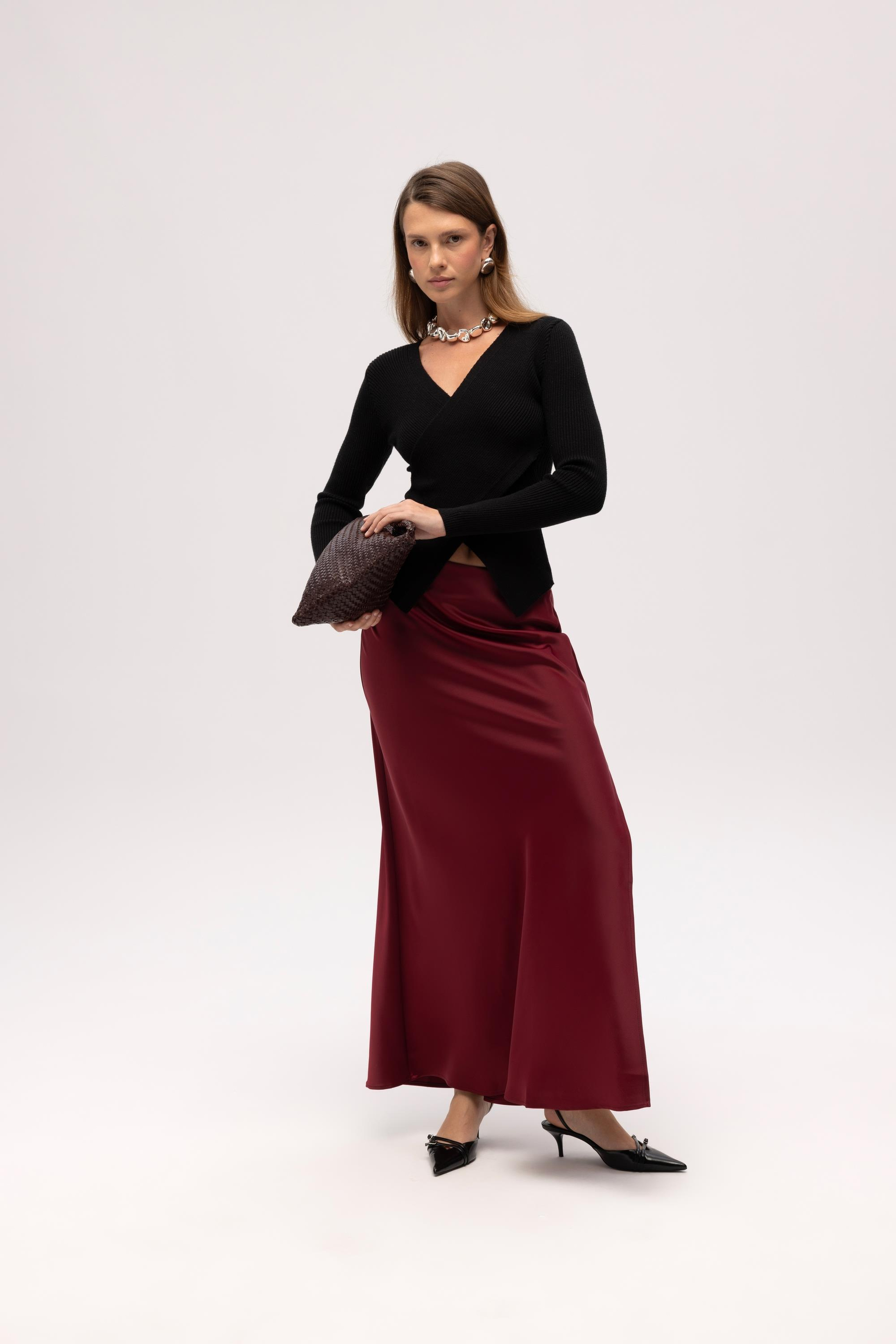 Cecil Slit Detail Burgundy Satin Skirt