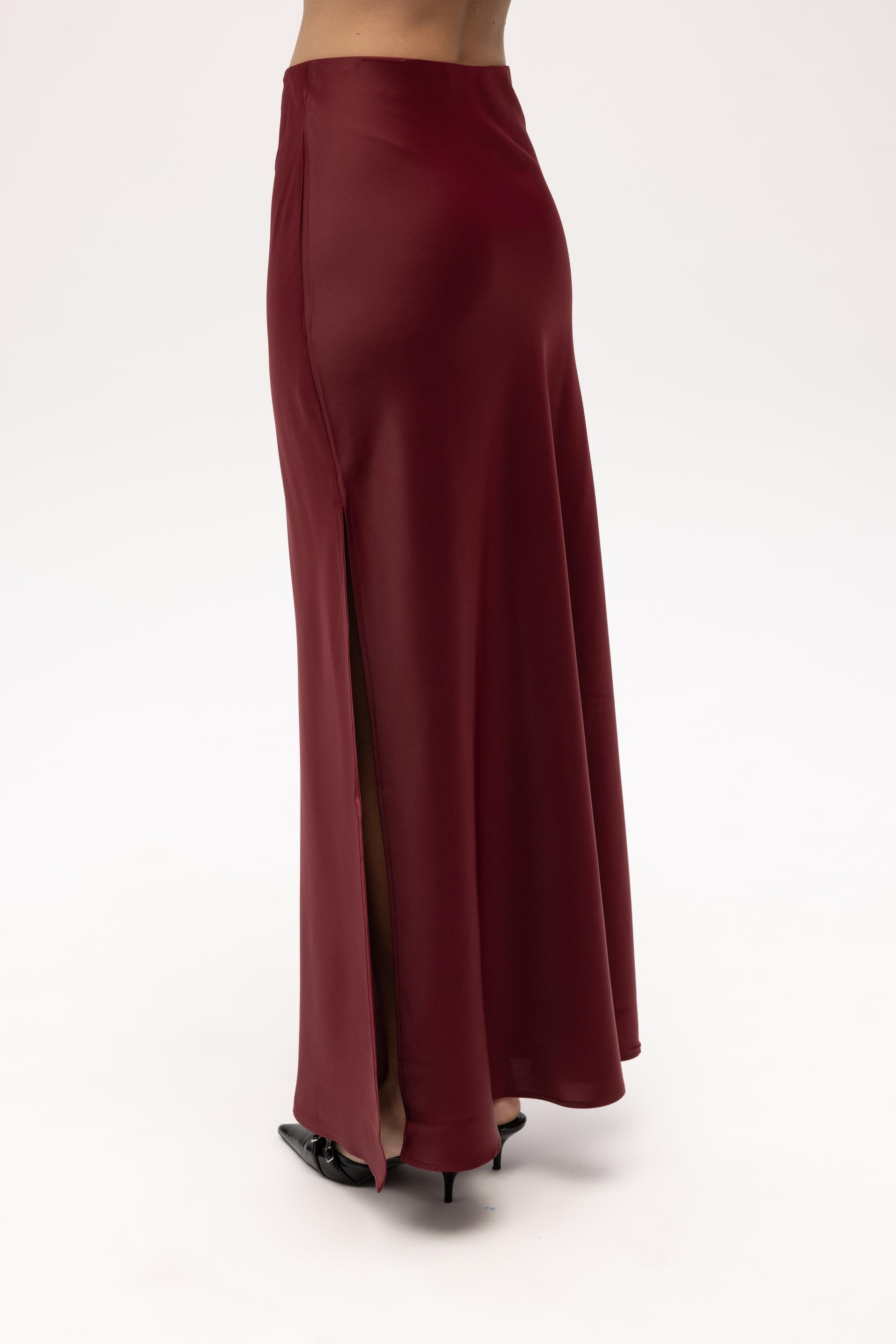 Cecil Slit Detail Burgundy Satin Skirt