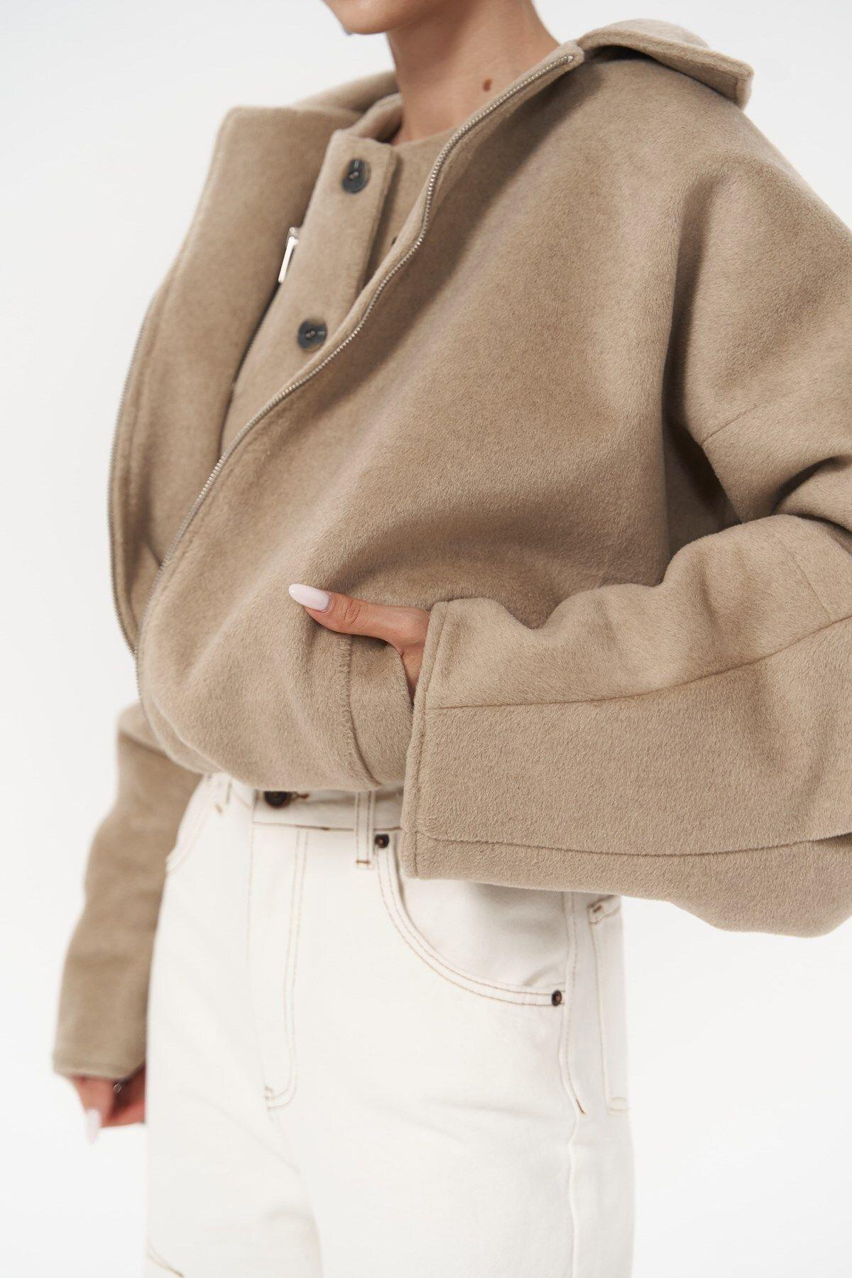 Chappel Light Brown Asymmetrical Jacket with Zipper Detail