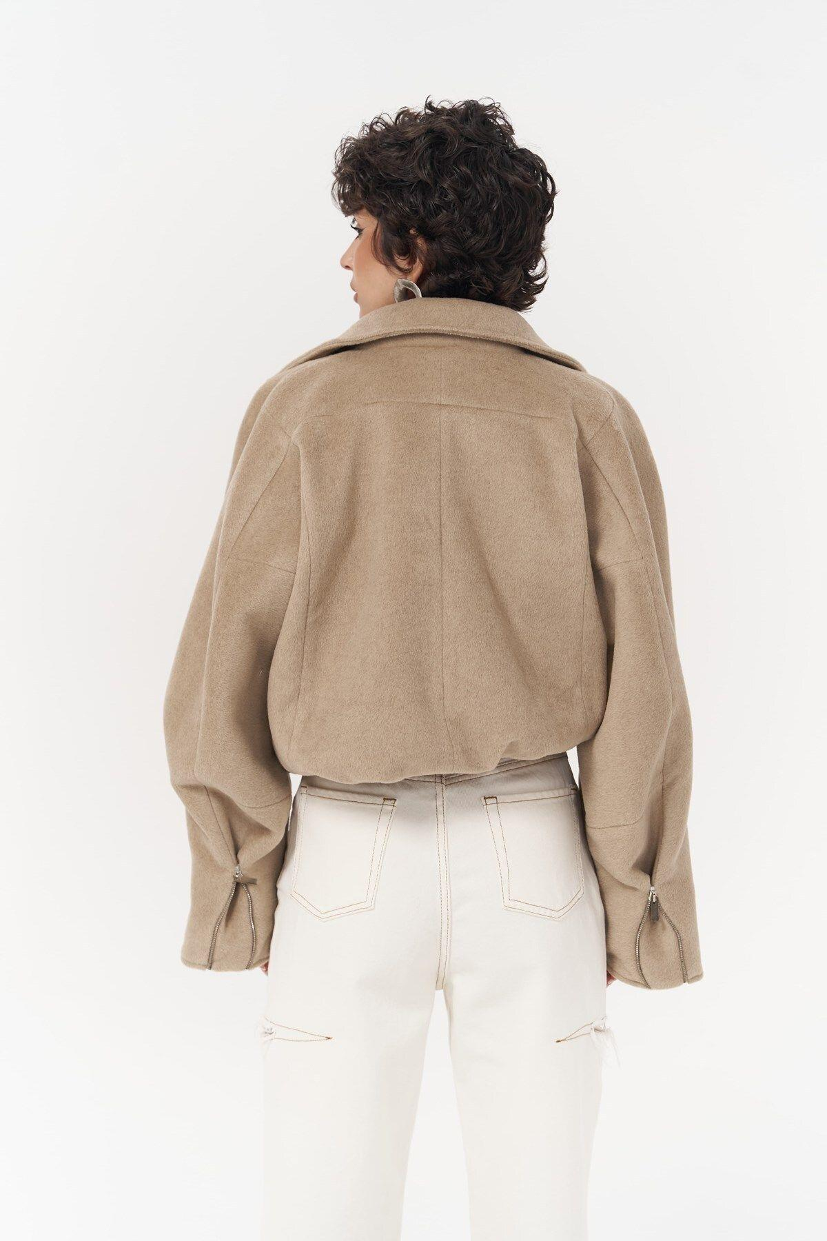 Chappel Light Brown Asymmetrical Jacket with Zipper Detail