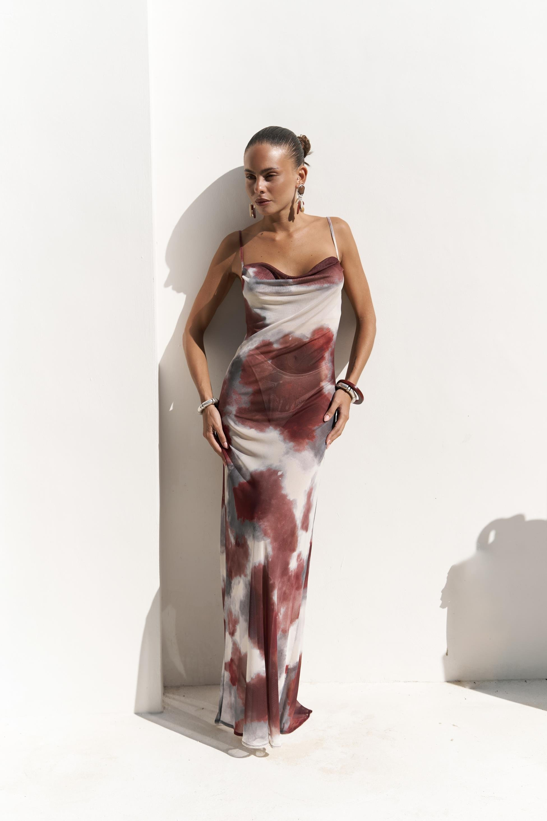 Chomhan Askılı Degaje Bordo Uzun Elbise