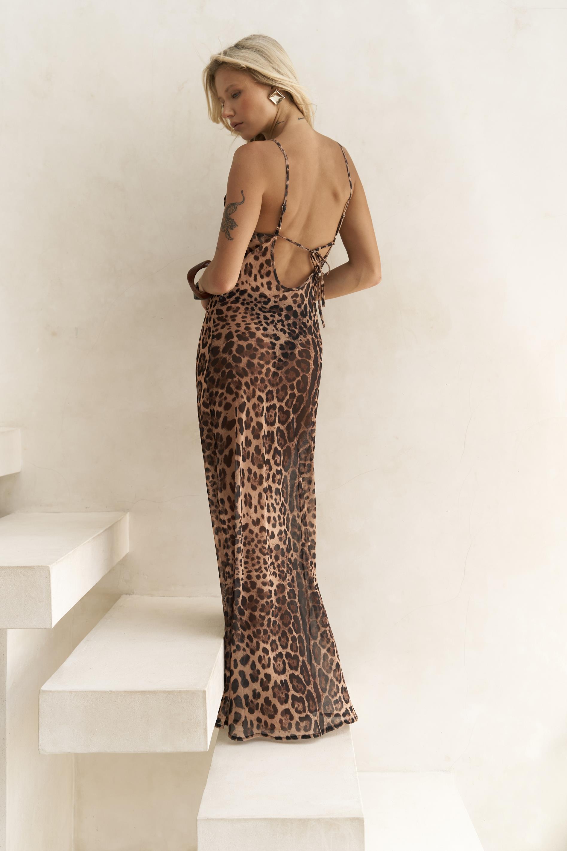 Chomhan Askılı Degaje Leopar Uzun Elbise