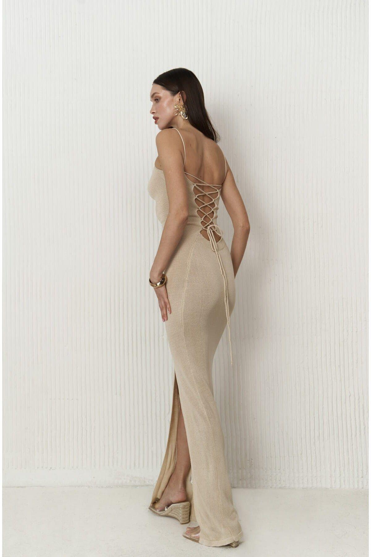 Cintia Low Back Beige Knit Dress