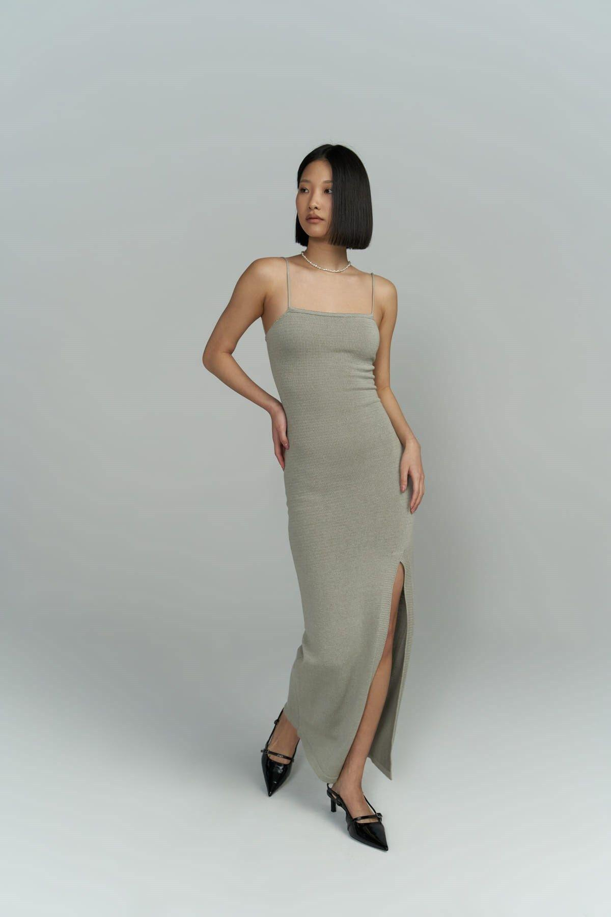 Cintia Sırt Dekolteli Gri Triko Elbise