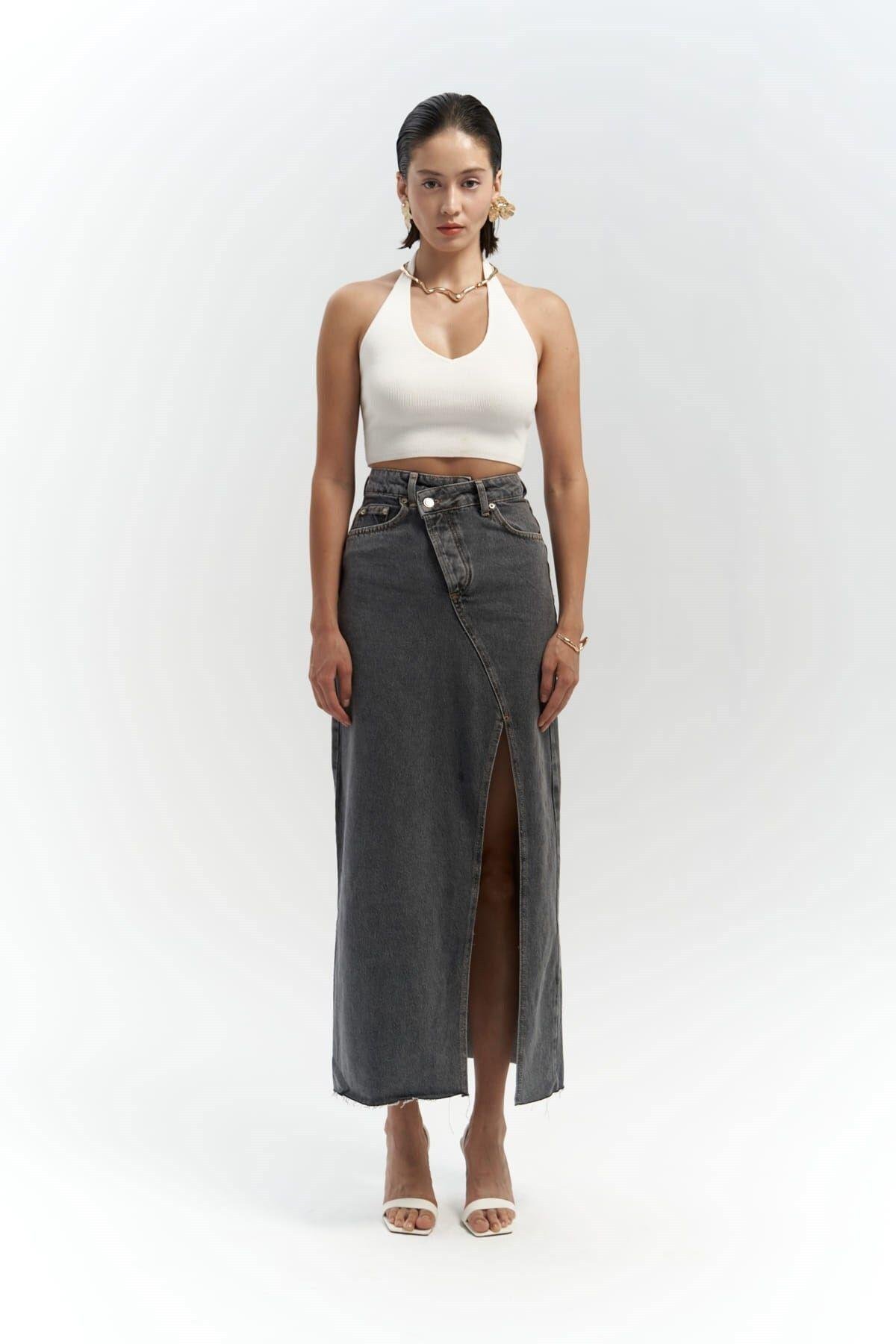 Claris Cross Dark Gray Denim Skirt