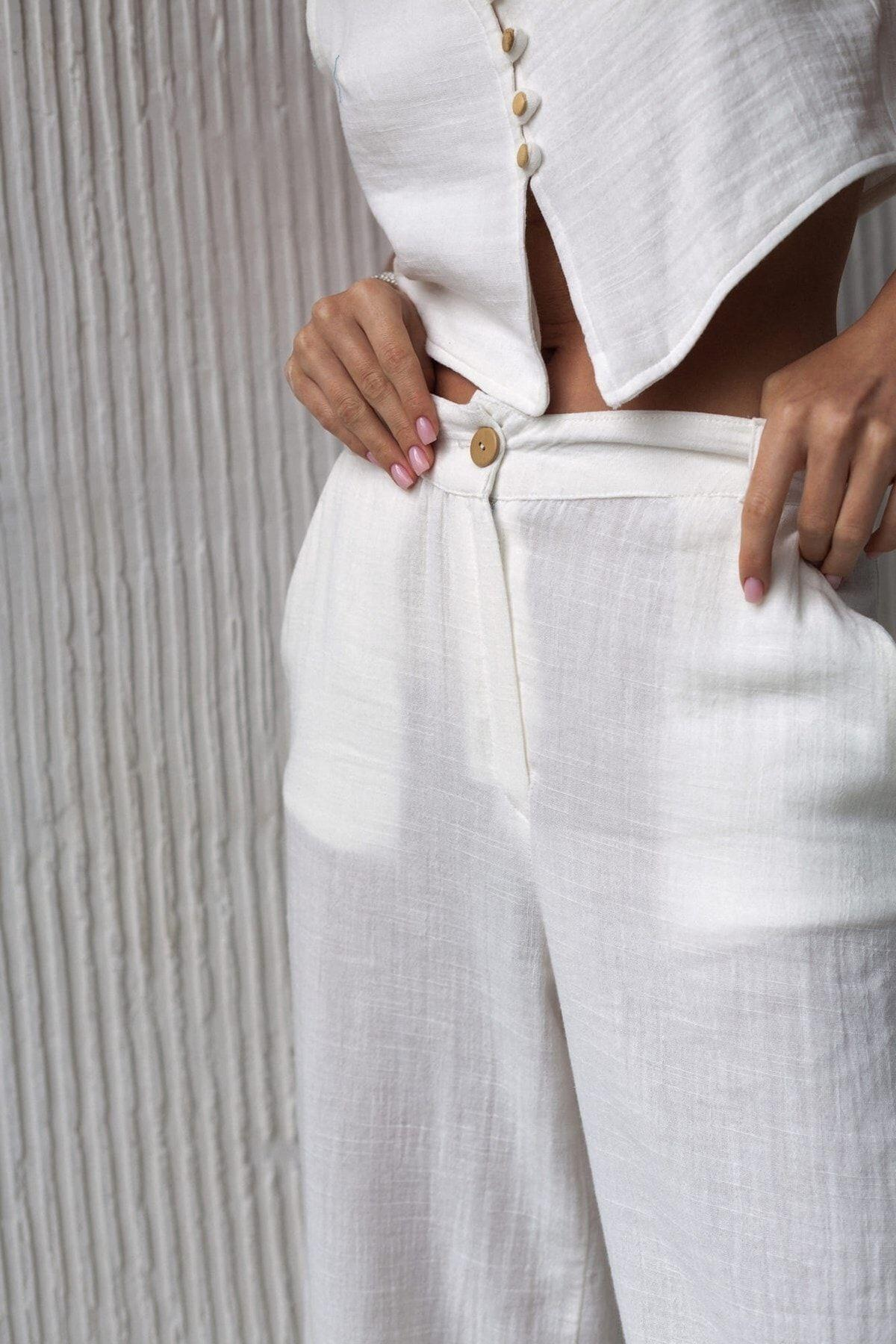 Clover Beyaz Müslin Yelek-Pantolon Takım