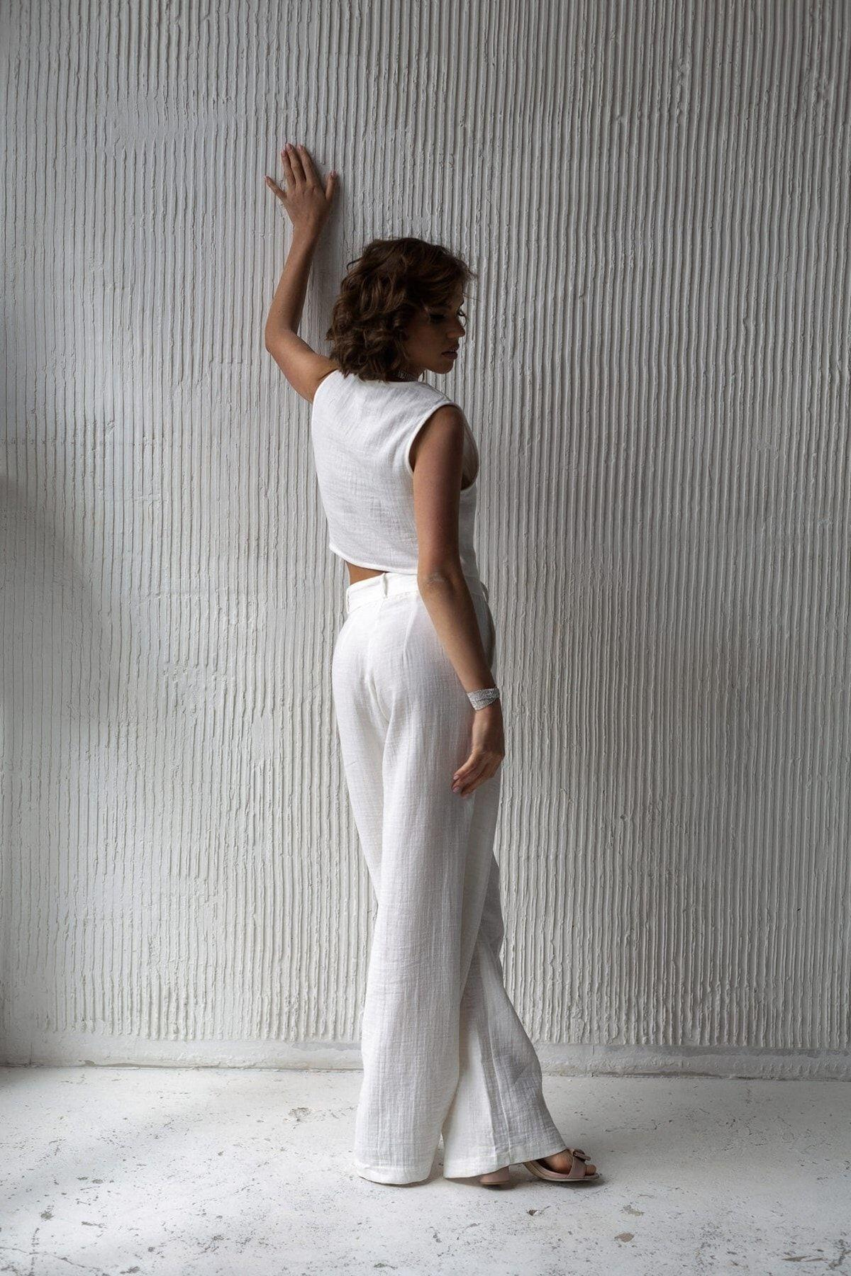 Clover Beyaz Müslin Yelek-Pantolon Takım