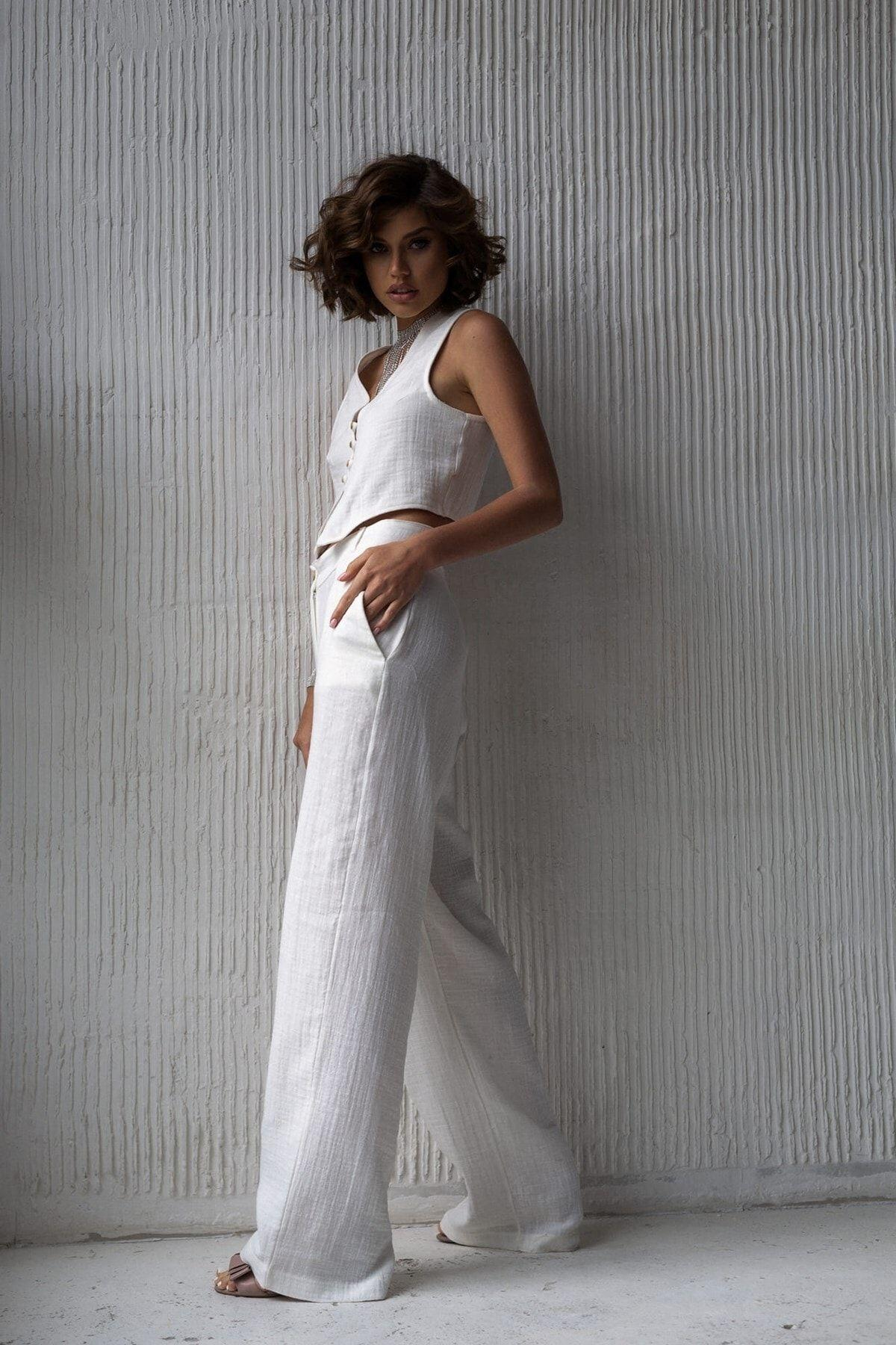 Clover Beyaz Müslin Yelek-Pantolon Takım