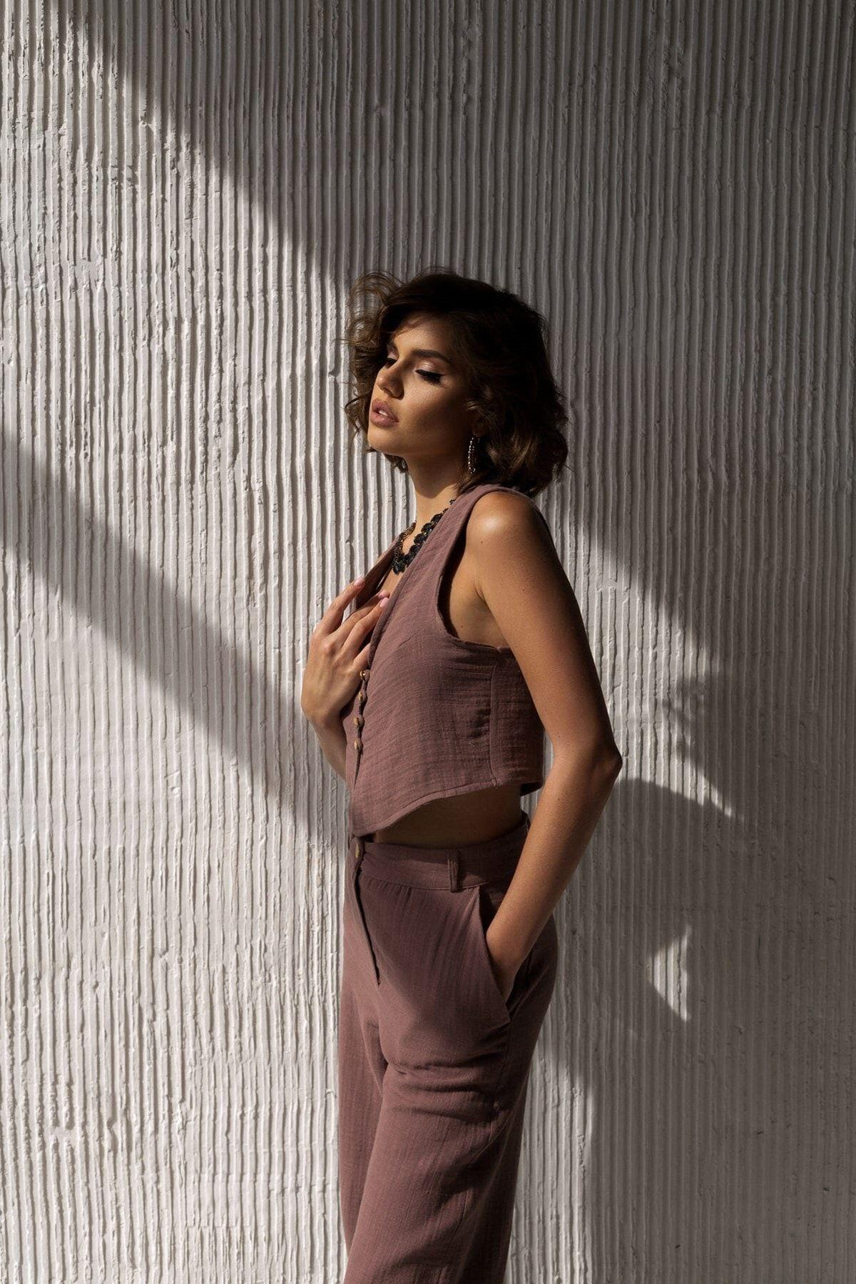 Bohemai Clover Brown Muslin Vest-Trousers Set